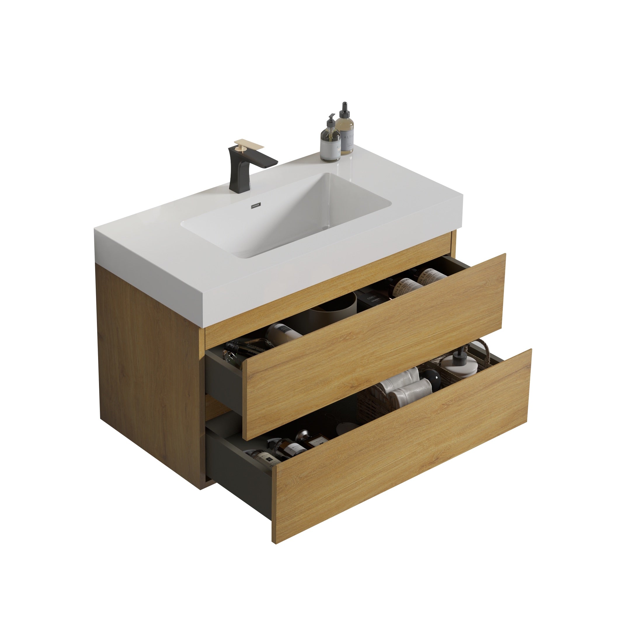 Wood Wall-Mounted Bathroom Vanity Set with White Integrated Resin Sink