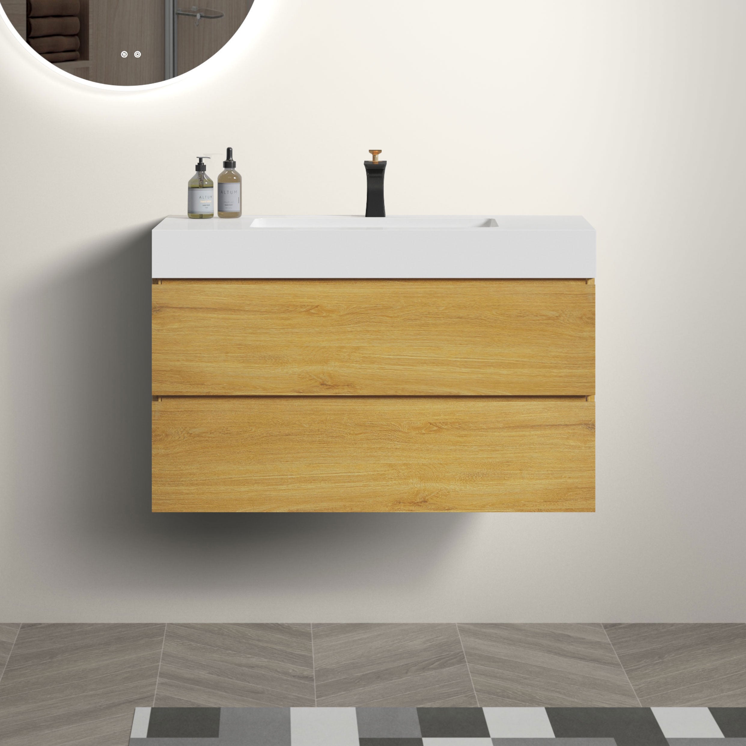 Wood Wall-Mounted Bathroom Vanity Set with White Integrated Resin Sink