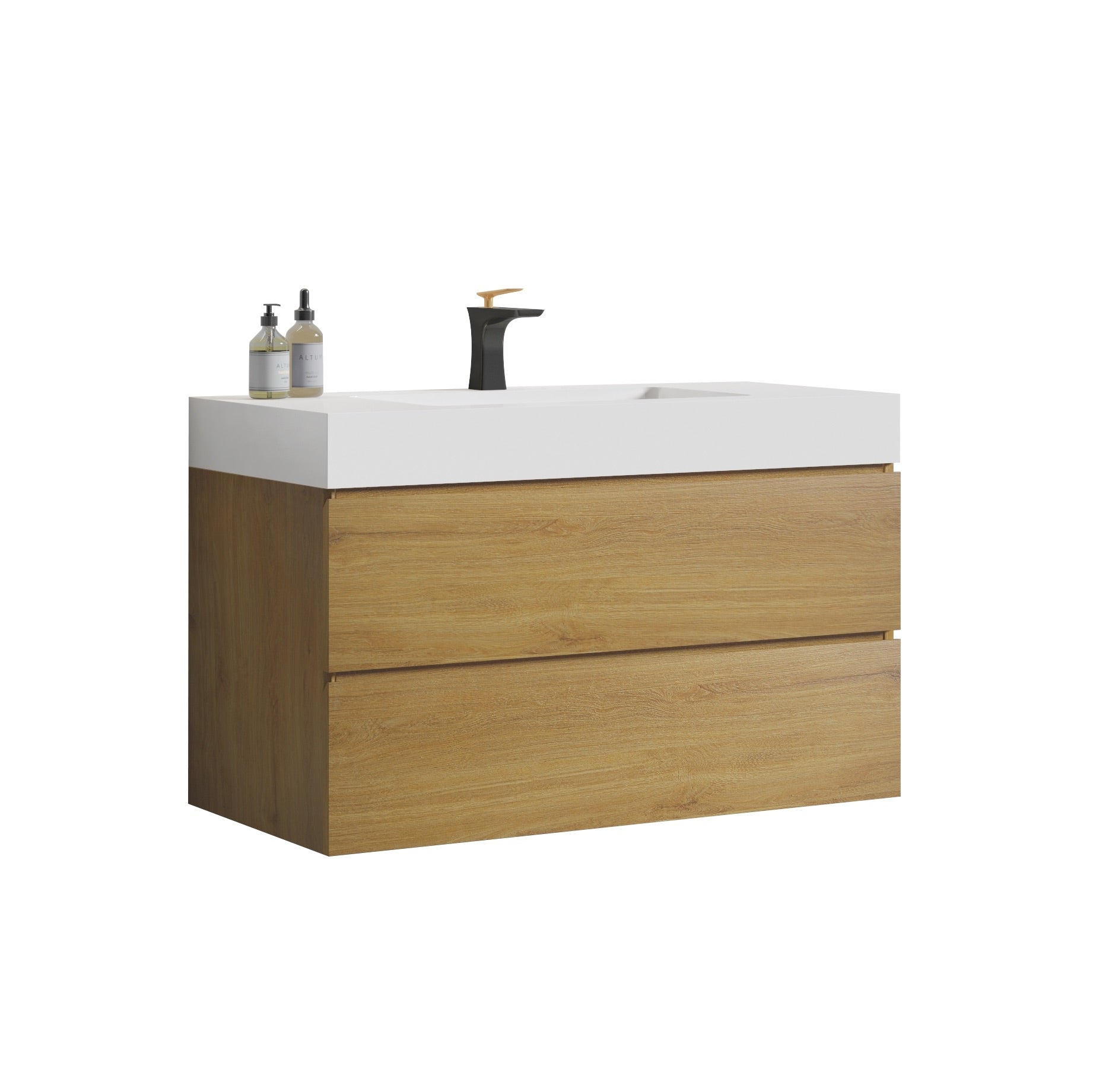 Wood Wall-Mounted Bathroom Vanity Set with White Integrated Resin Sink