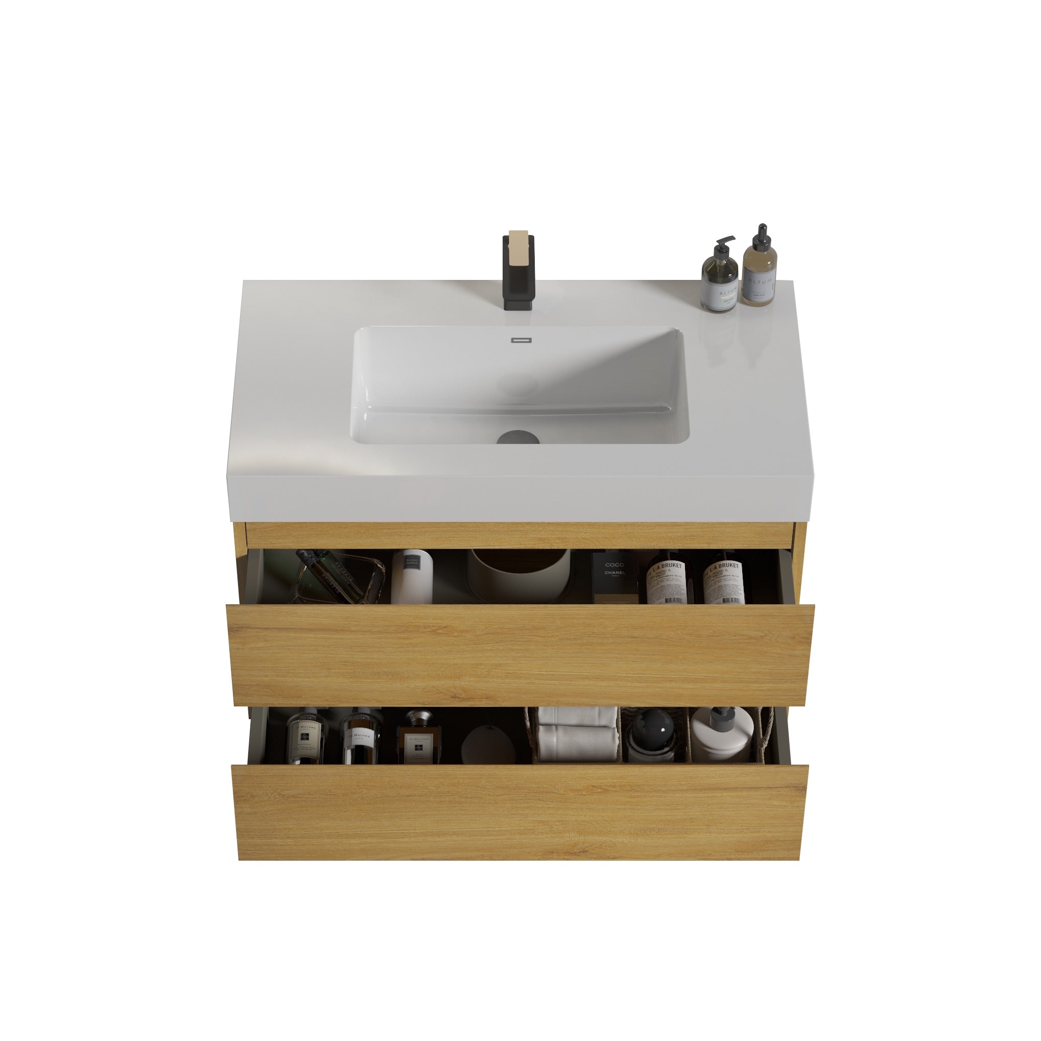 Wood Wall-Mounted Bathroom Vanity Set with White Integrated Resin Sink