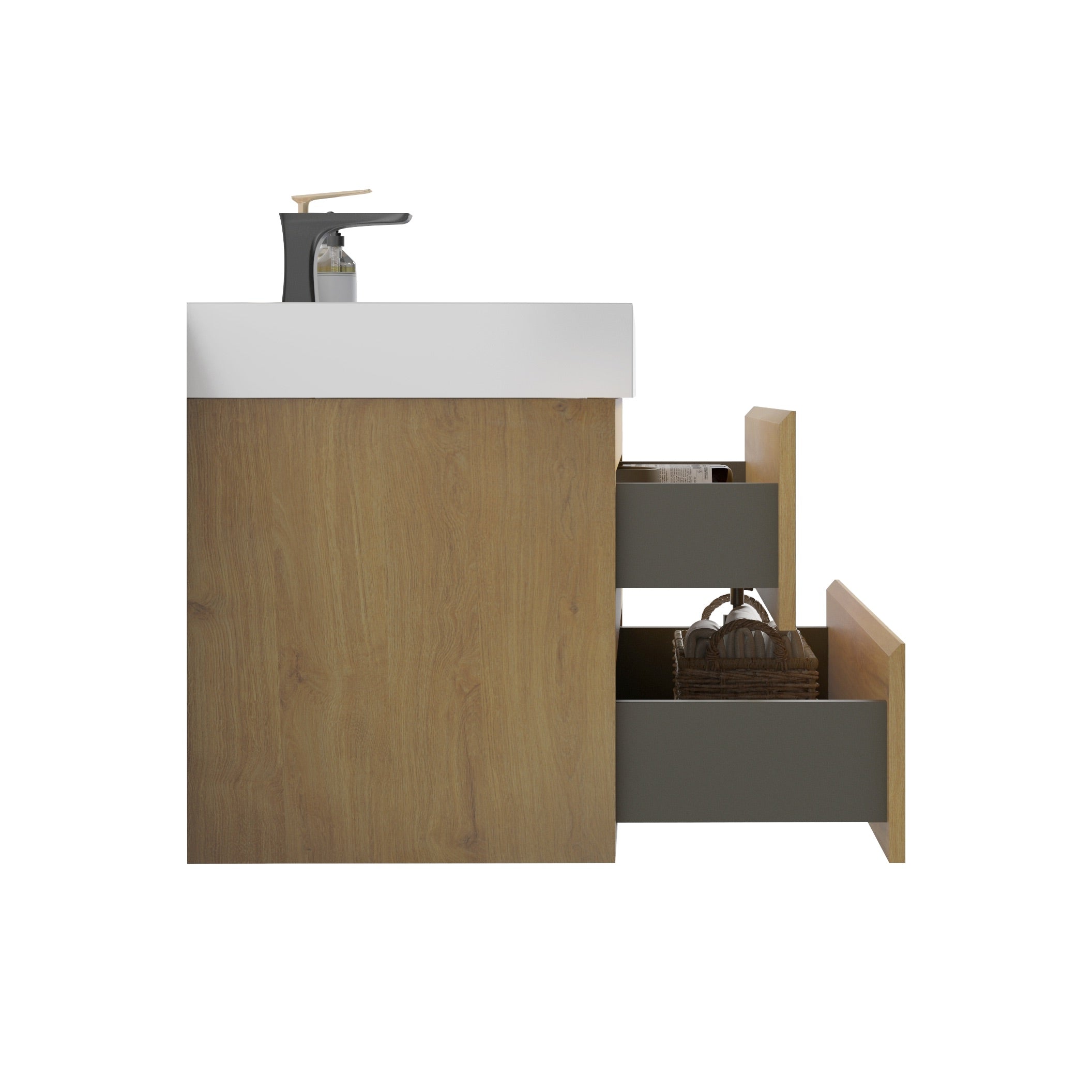 Wood Wall-Mounted Bathroom Vanity Set with White Integrated Resin Sink