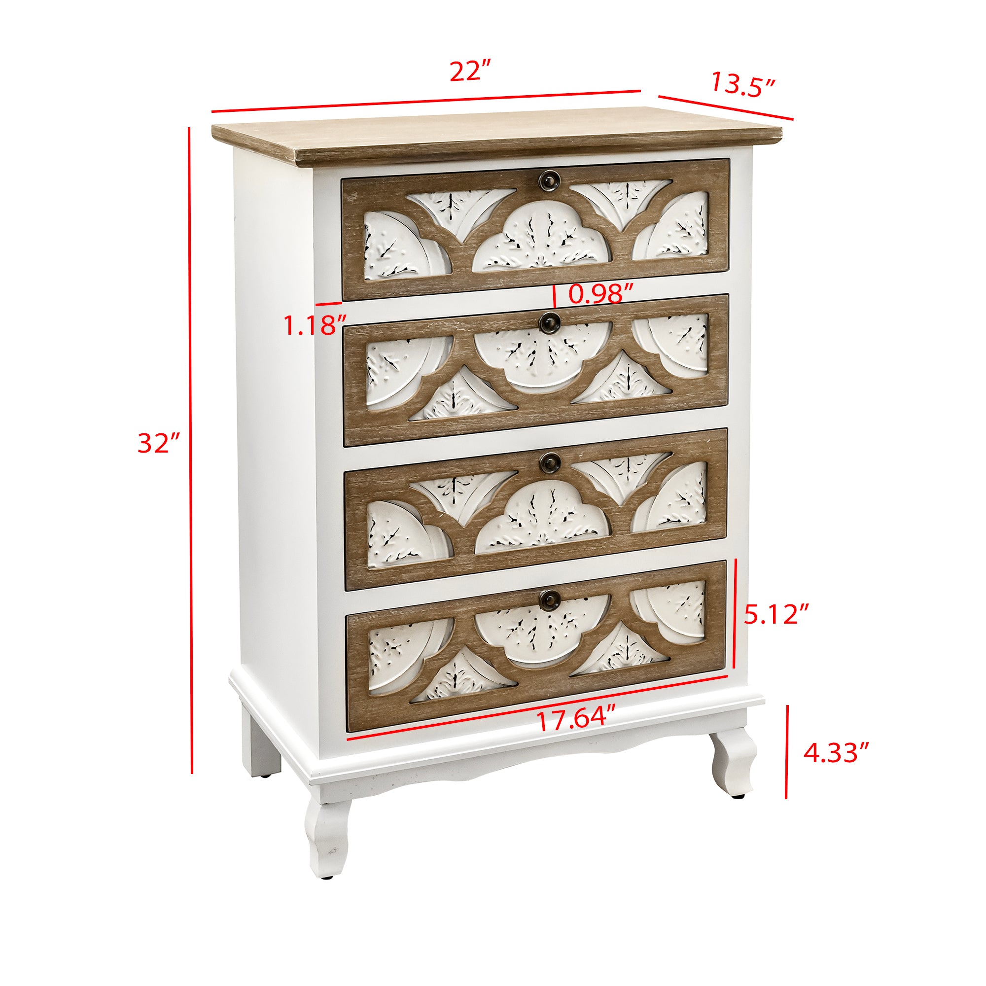 32" Tall Wood 4-Drawers Accent Cabinet in White Washed