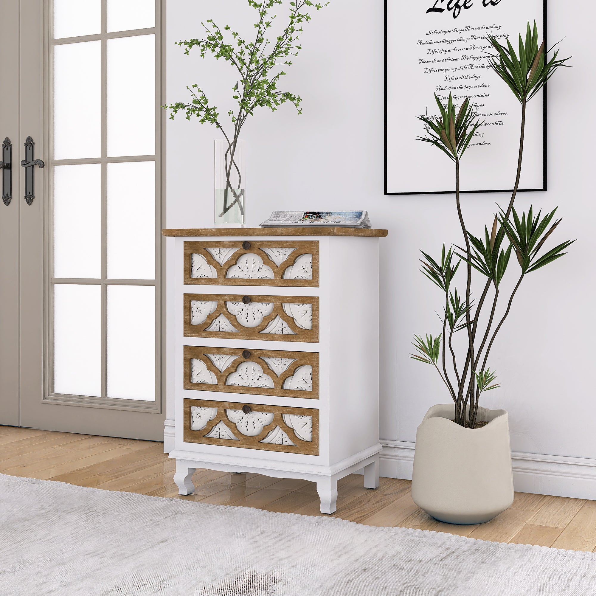 32" Tall Wood 4-Drawers Accent Cabinet in White Washed