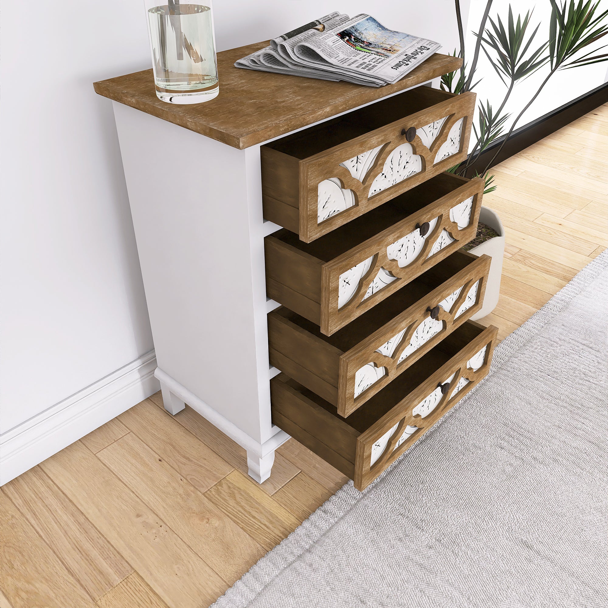 32" Tall Wood 4-Drawers Accent Cabinet in White Washed