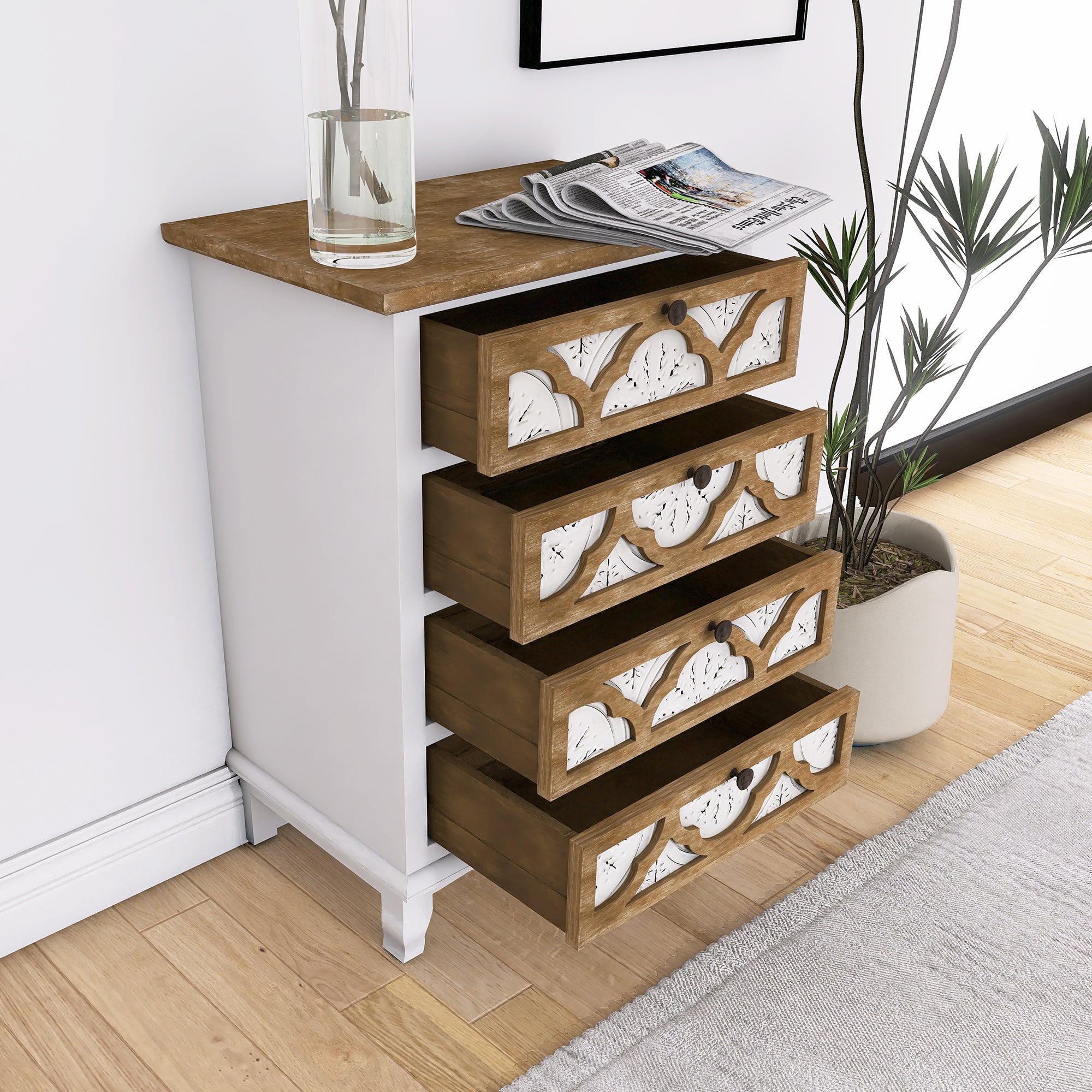 32" Tall Wood 4-Drawers Accent Cabinet in White Washed