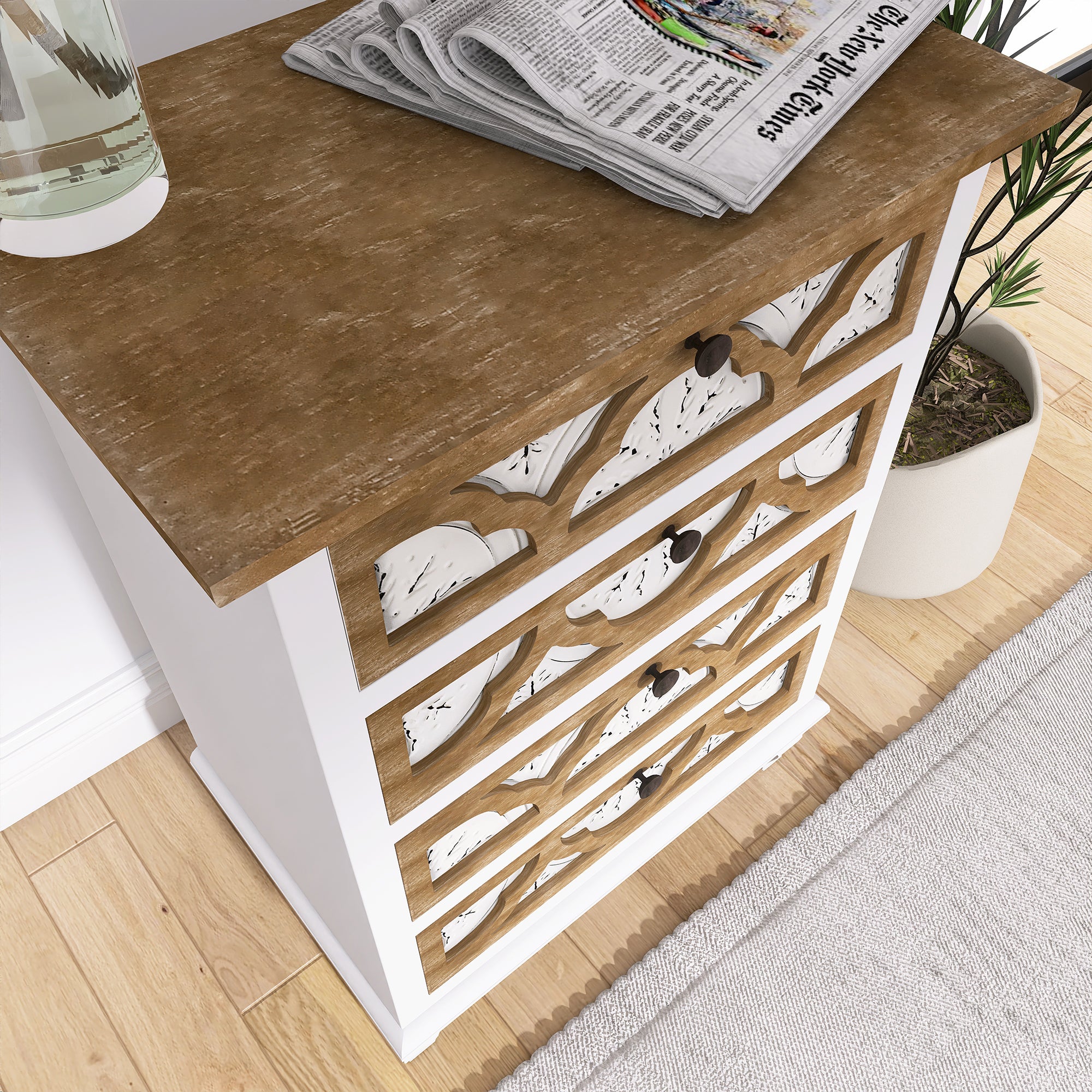 32" Tall Wood 4-Drawers Accent Cabinet in White Washed