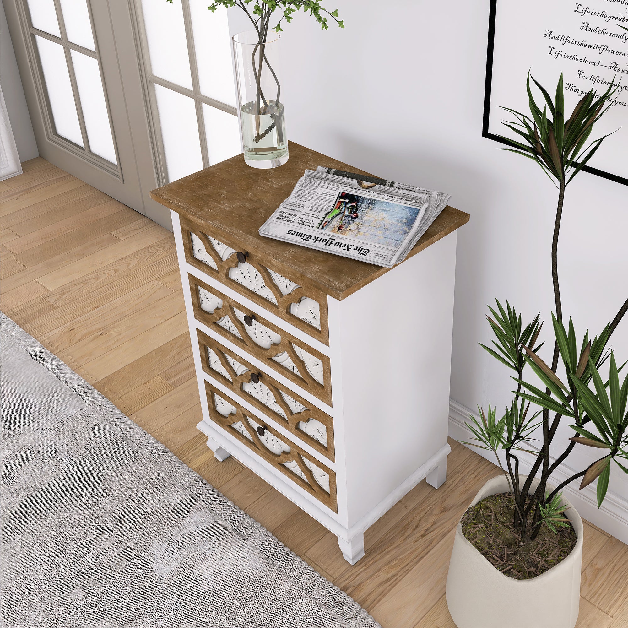 32" Tall Wood 4-Drawers Accent Cabinet in White Washed