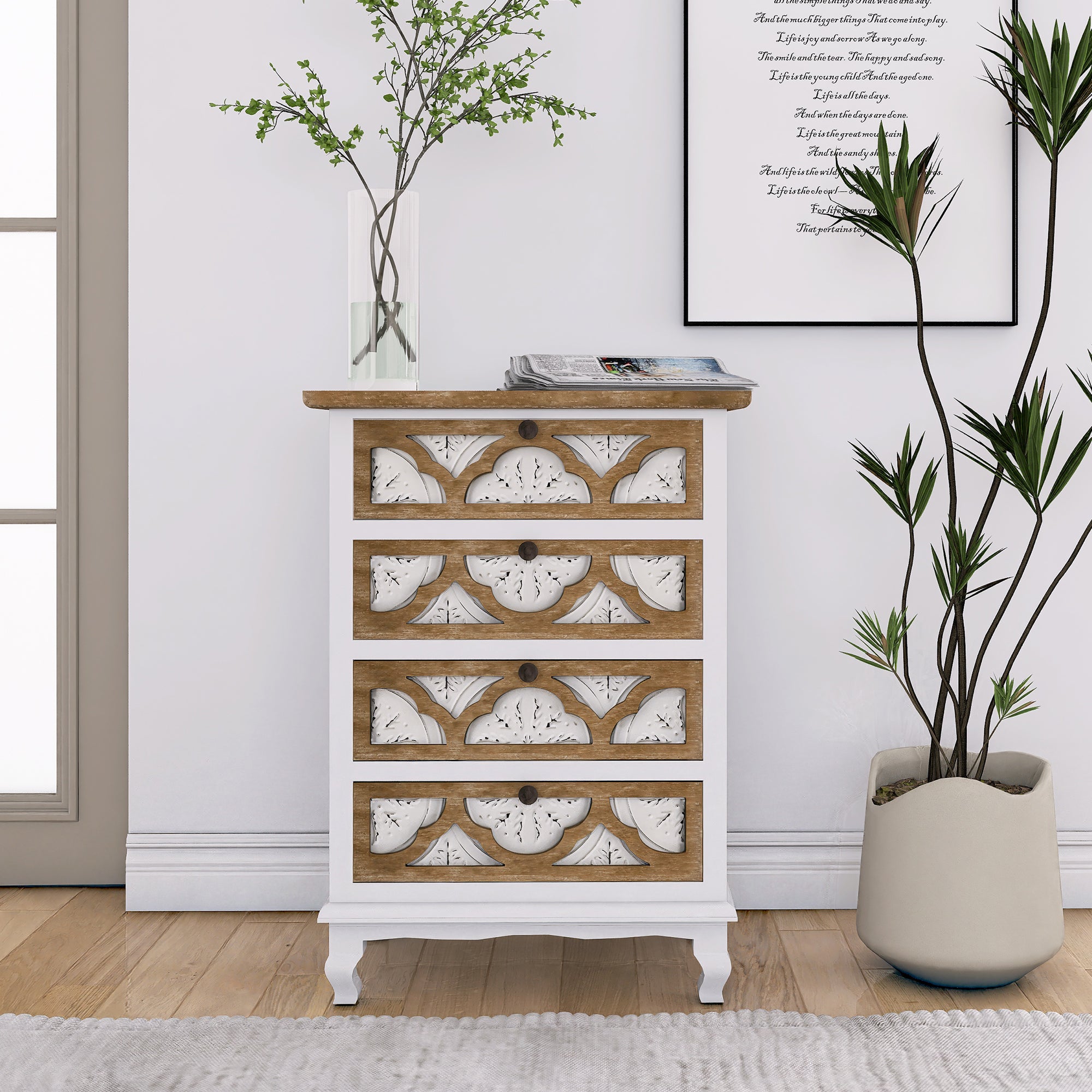 32" Tall Wood 4-Drawers Accent Cabinet in White Washed
