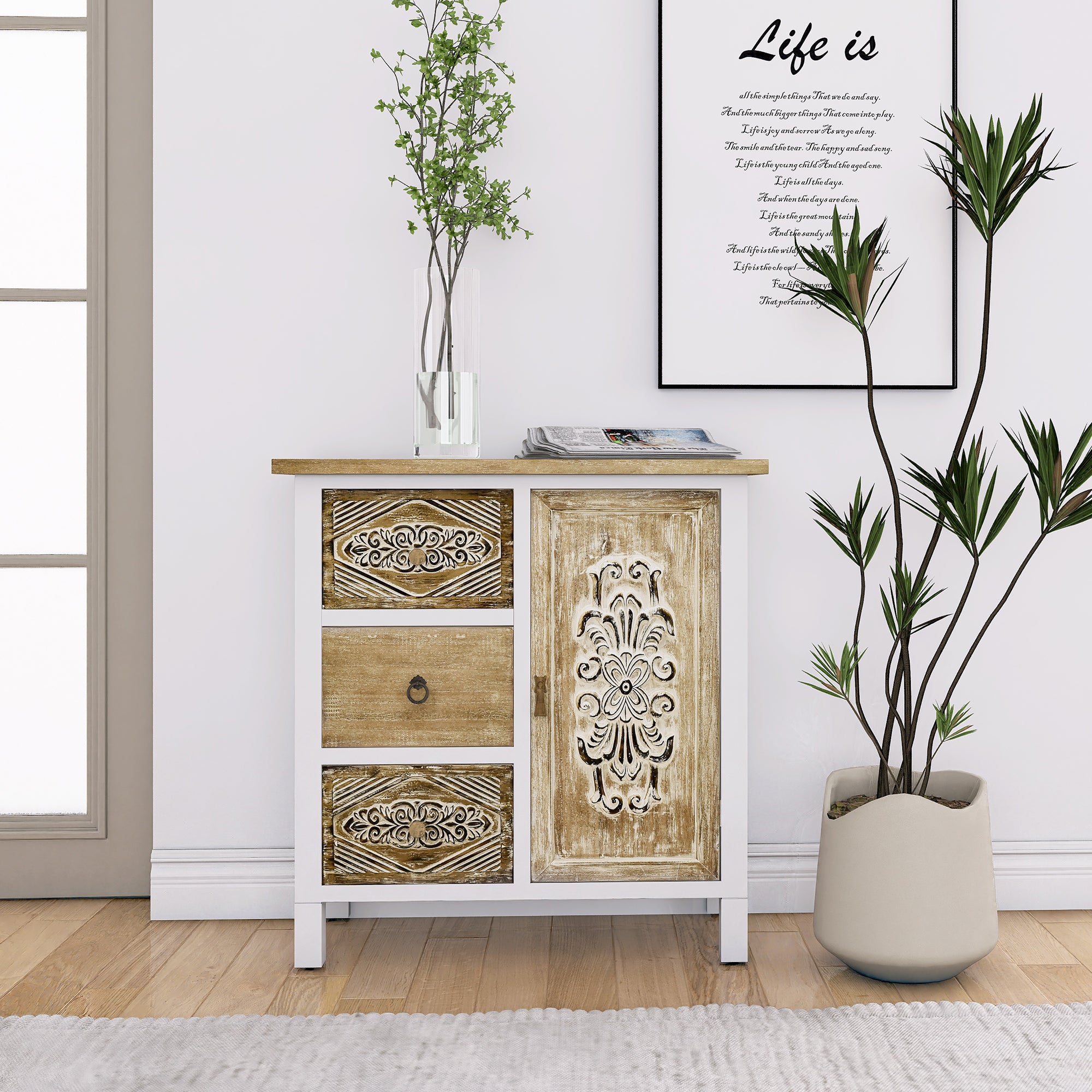31.75" Tall Wood 1-Door Accent Cabinet in White Washed