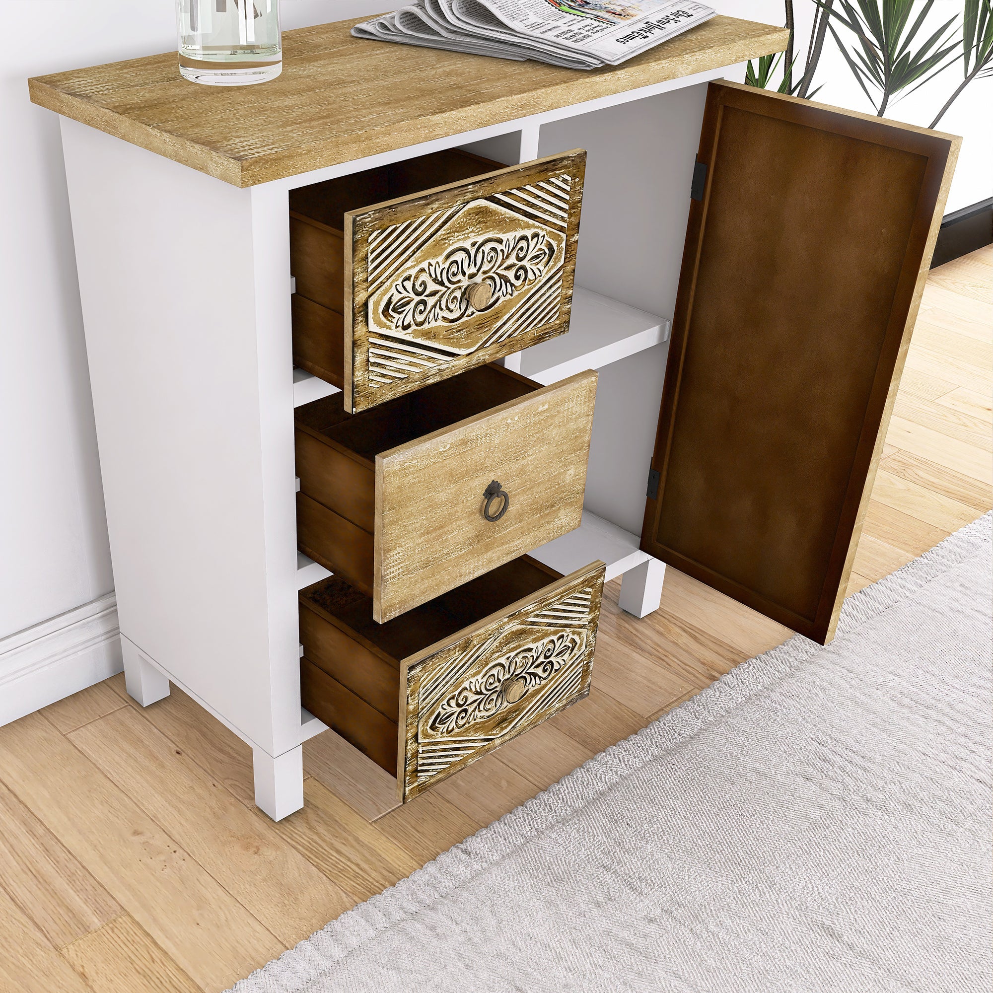 31.75" Tall Wood 1-Door Accent Cabinet in White Washed