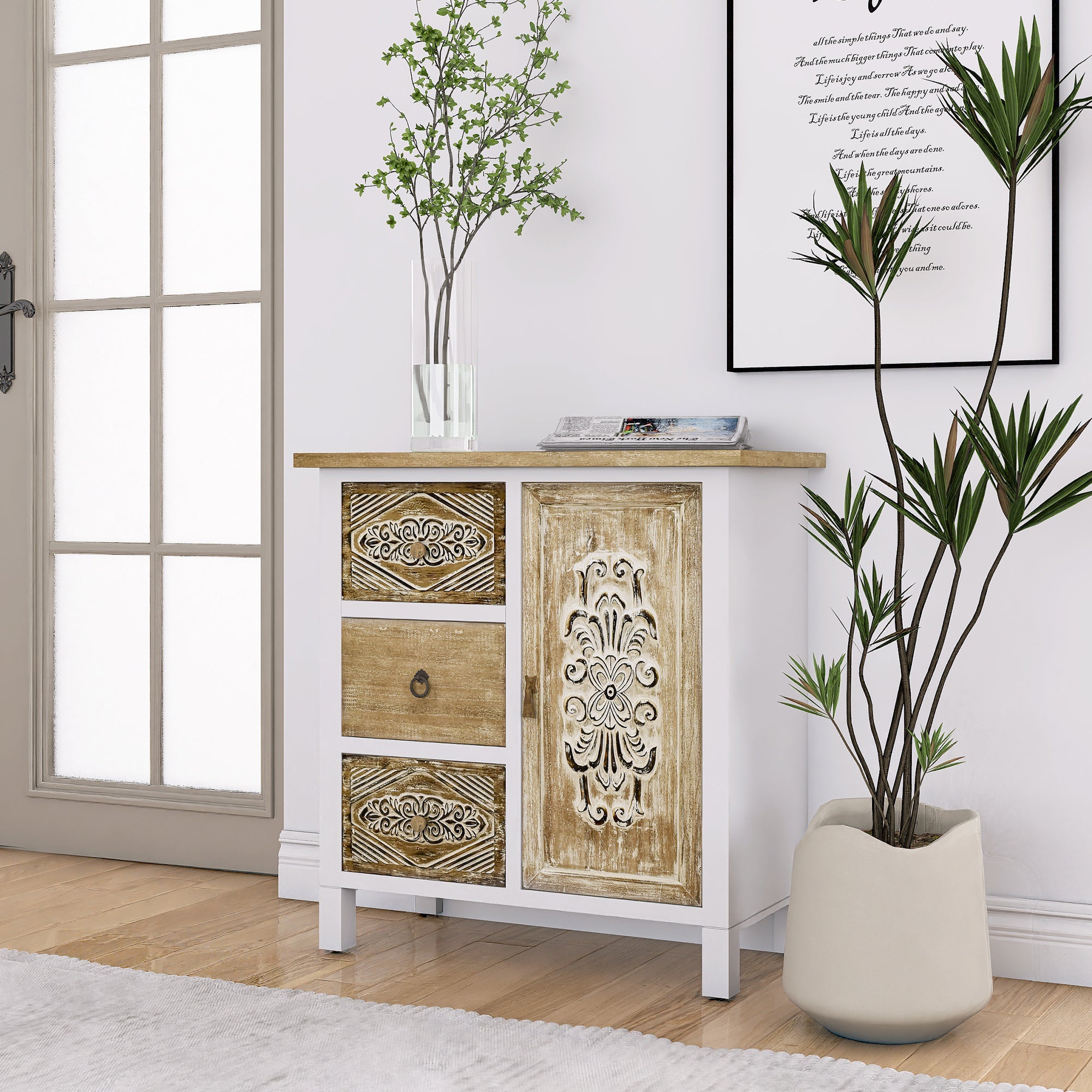 31.75" Tall Wood 1-Door Accent Cabinet in White Washed
