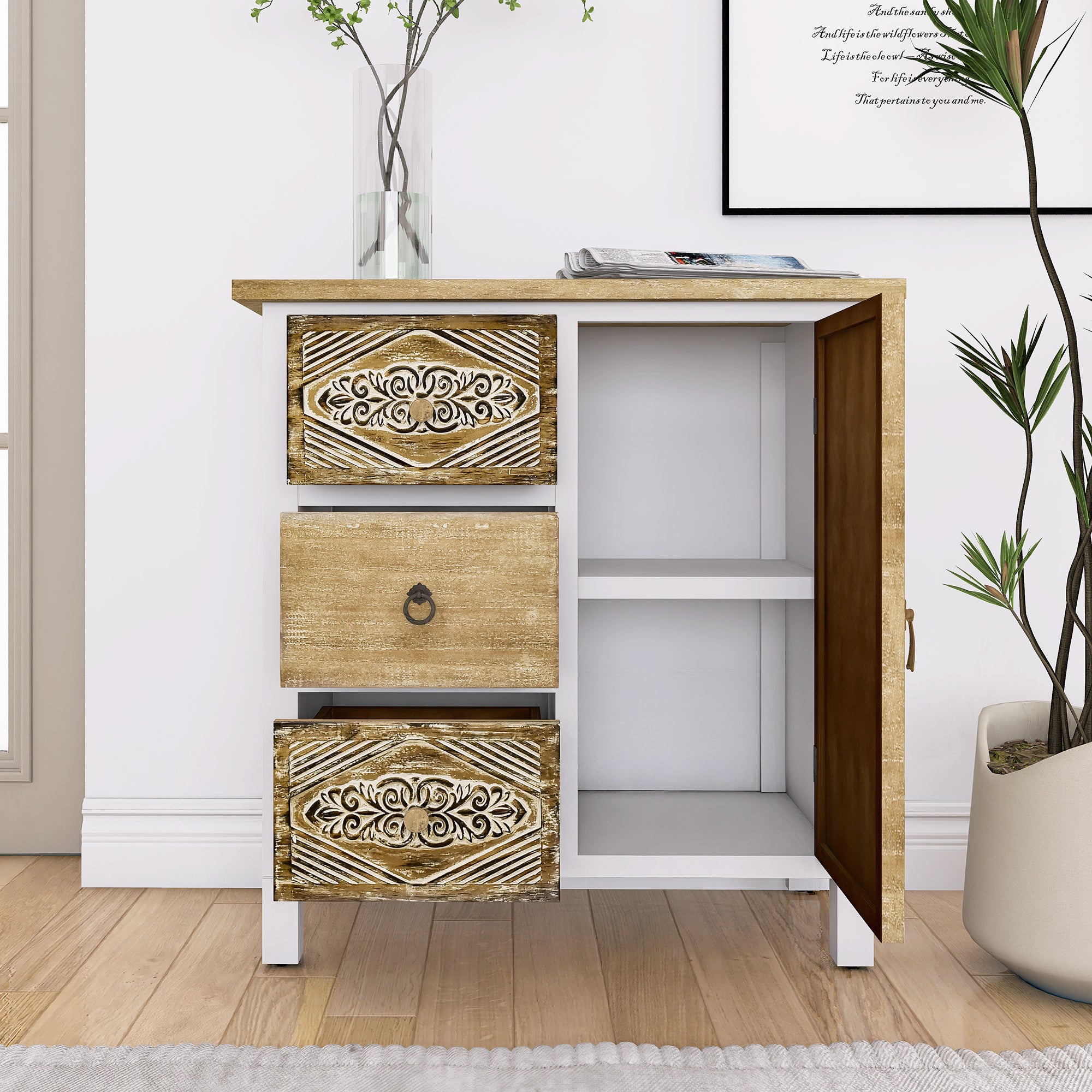 31.75" Tall Wood 1-Door Accent Cabinet in White Washed