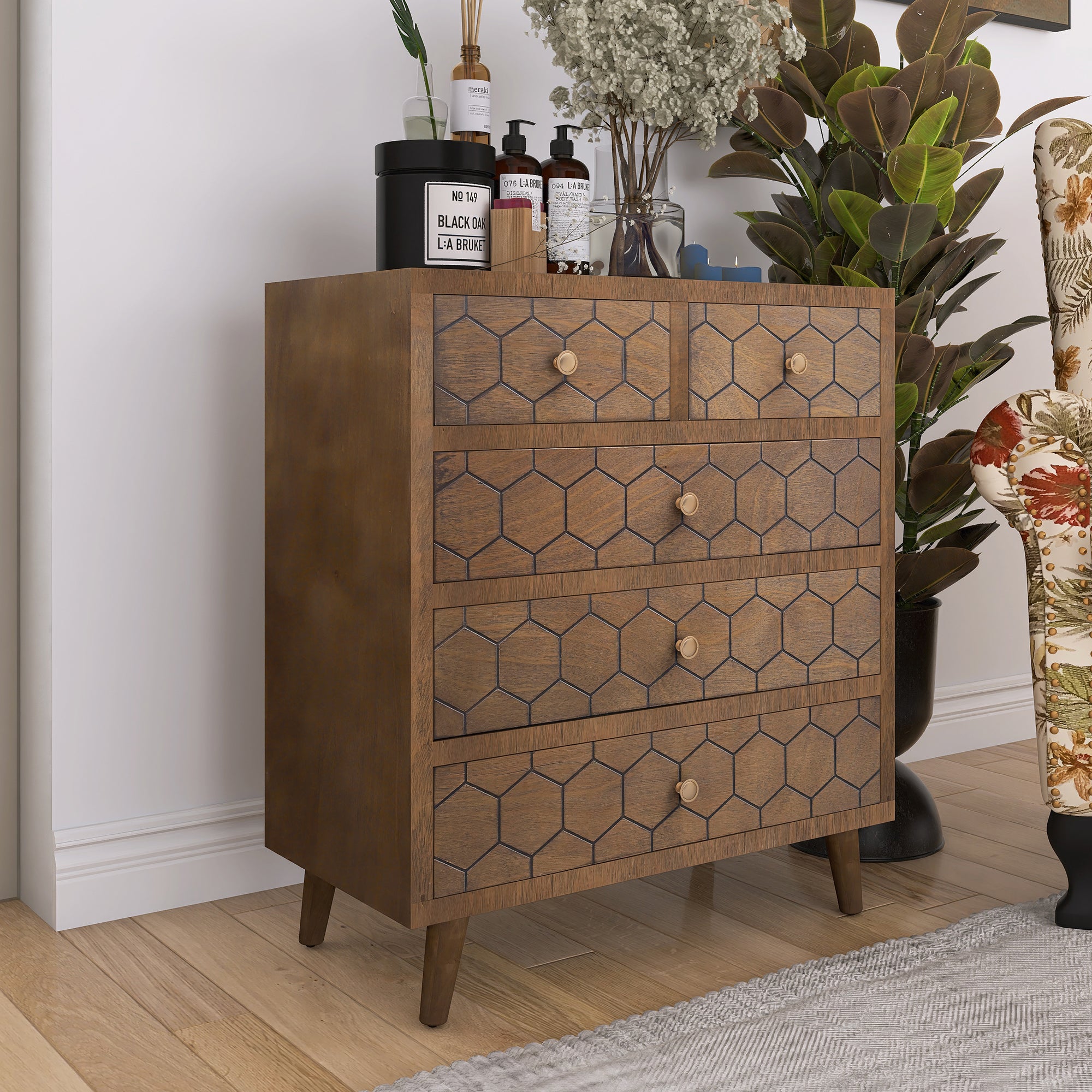 31.75" Tall Wood 5-Drawers Accent Cabinet in Antique Brown