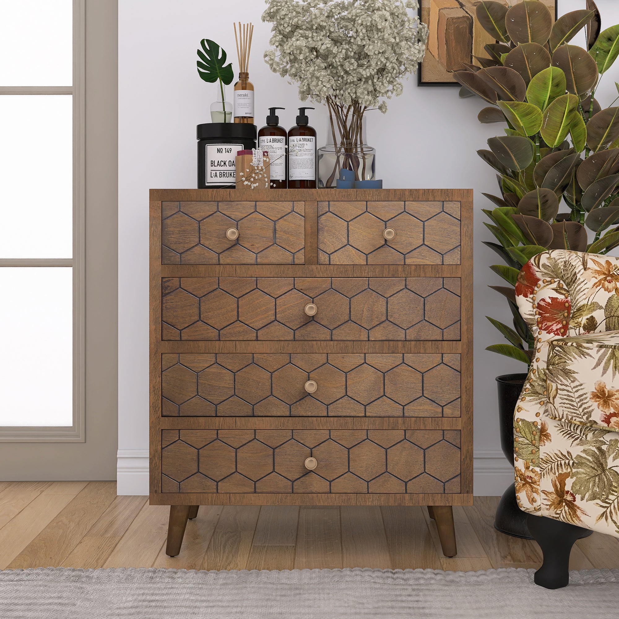 31.75" Tall Wood 5-Drawers Accent Cabinet in Antique Brown