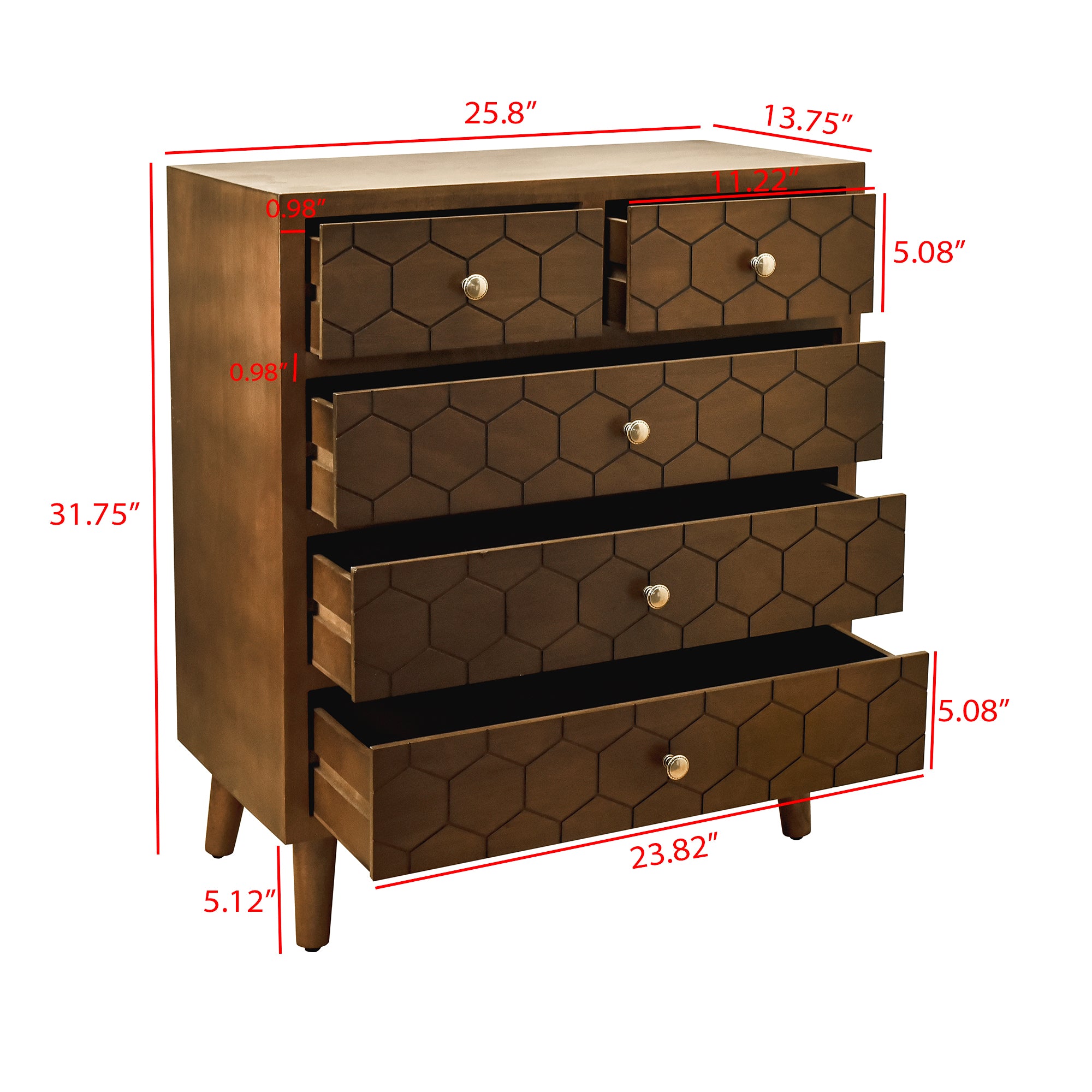 31.75" Tall Wood 5-Drawers Accent Cabinet in Antique Brown