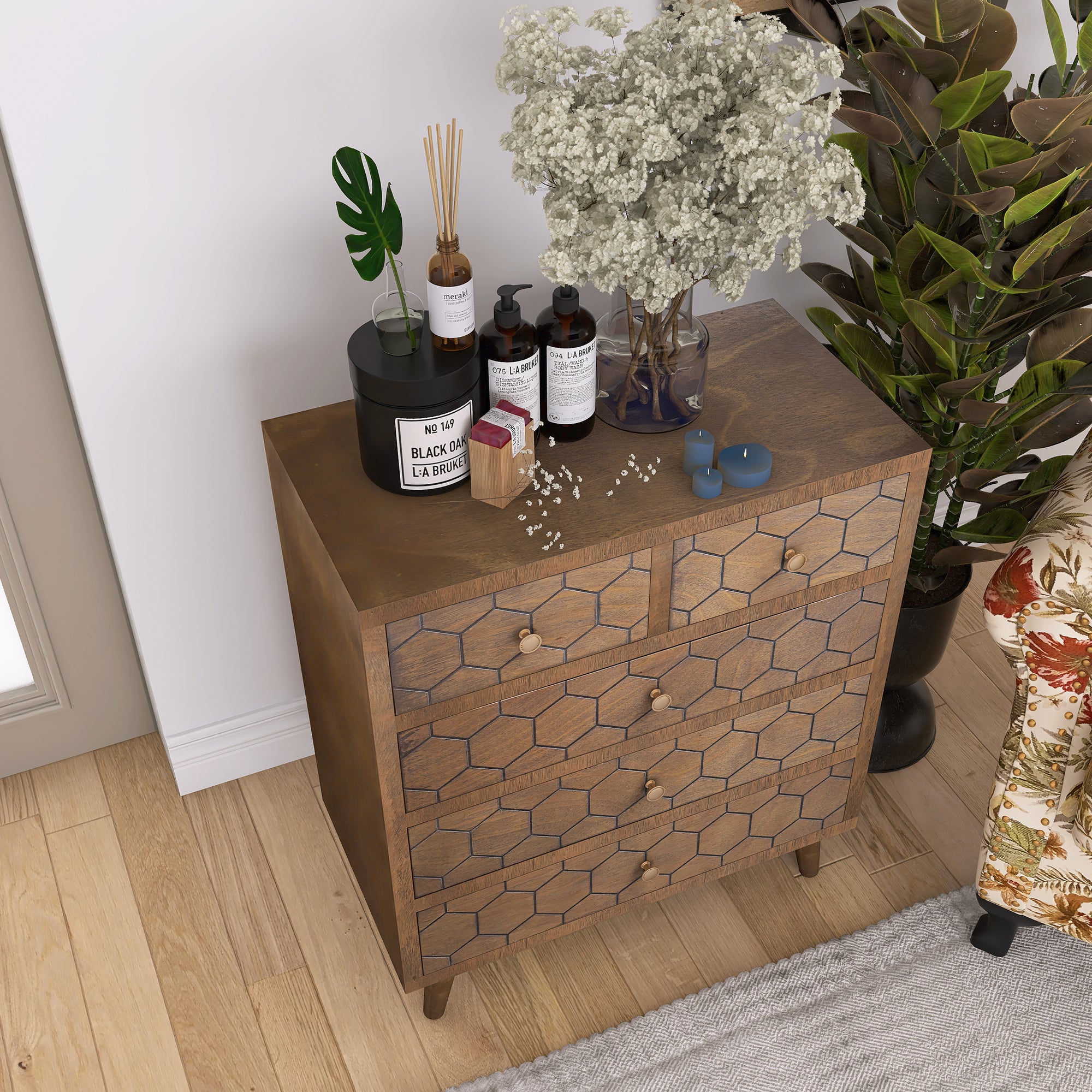 31.75" Tall Wood 5-Drawers Accent Cabinet in Antique Brown