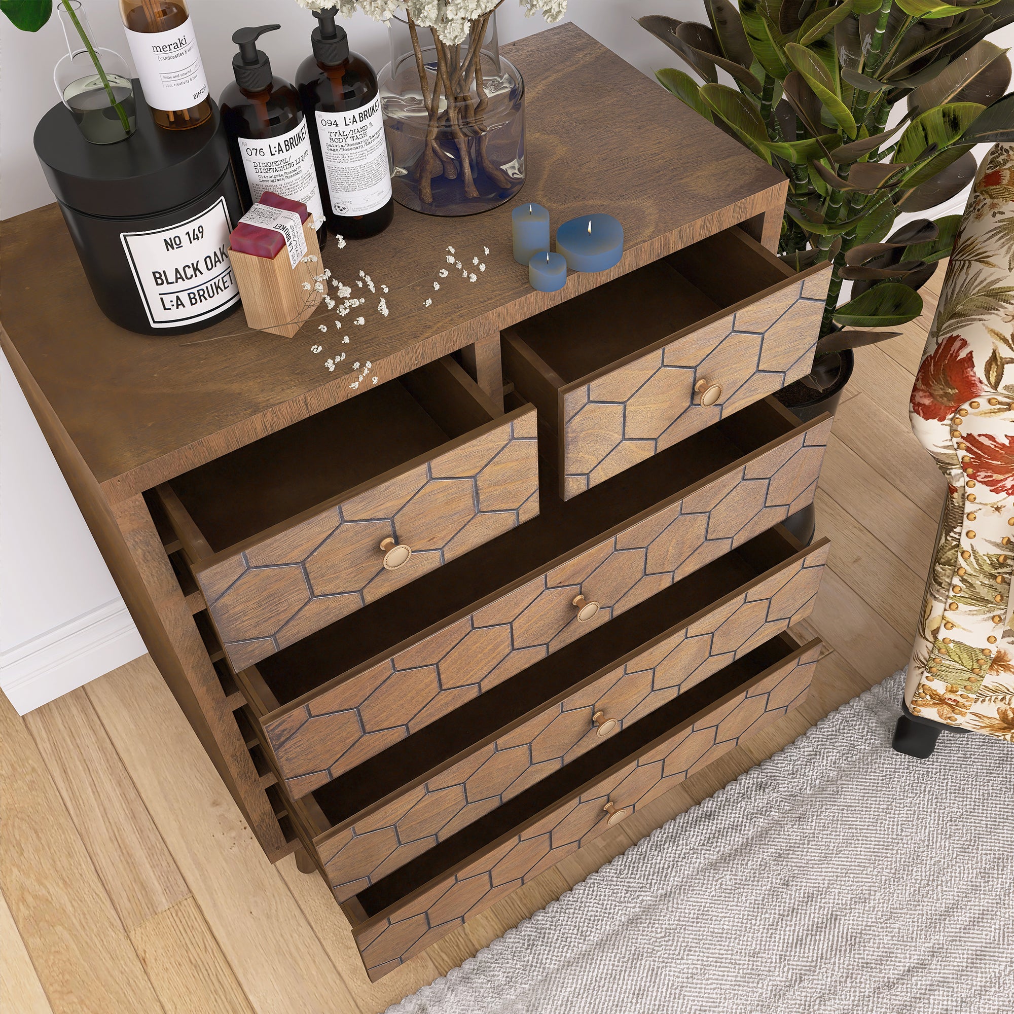 31.75" Tall Wood 5-Drawers Accent Cabinet in Antique Brown