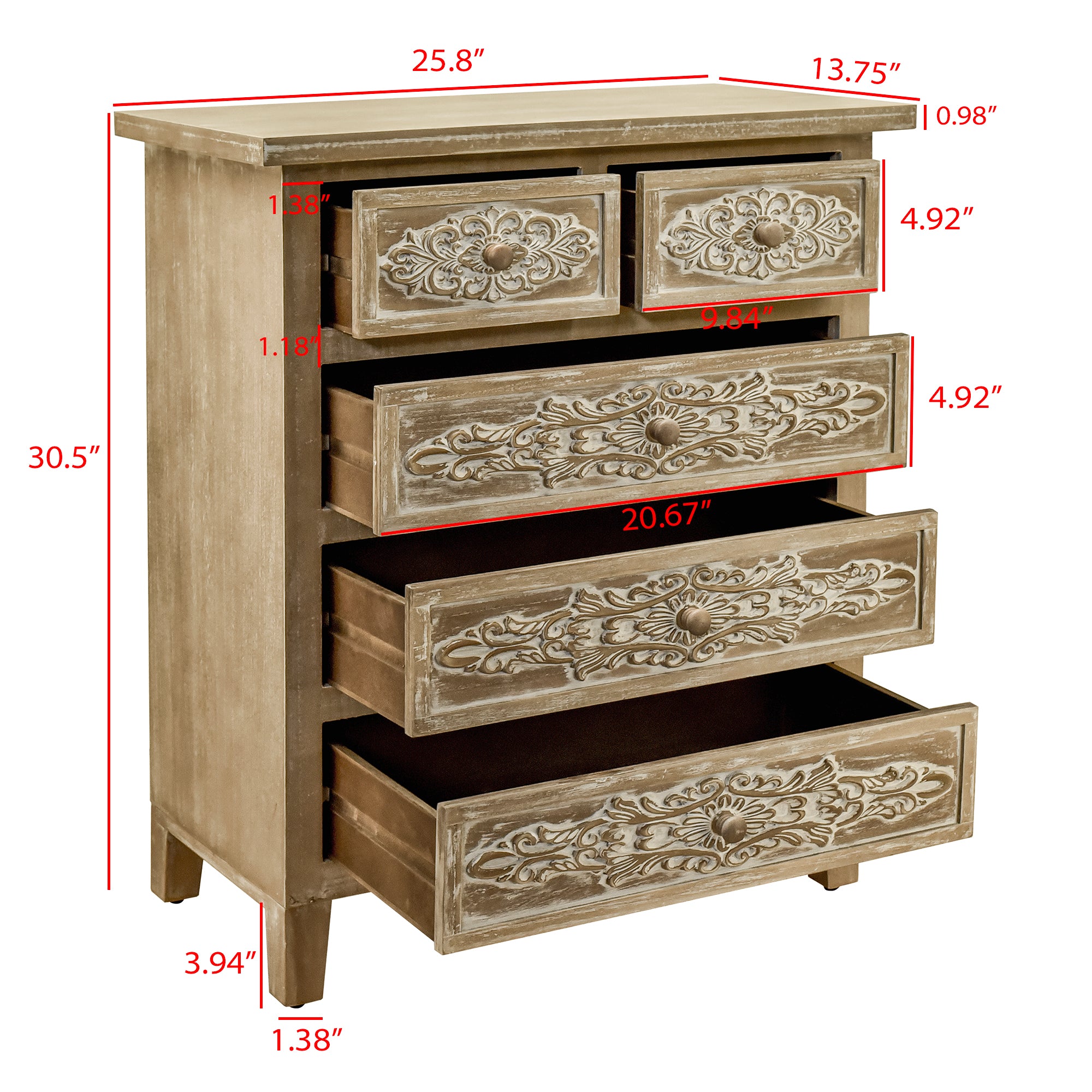 30.5" Tall Wood 5-Drawers Accent Cabinet in Antique Brown