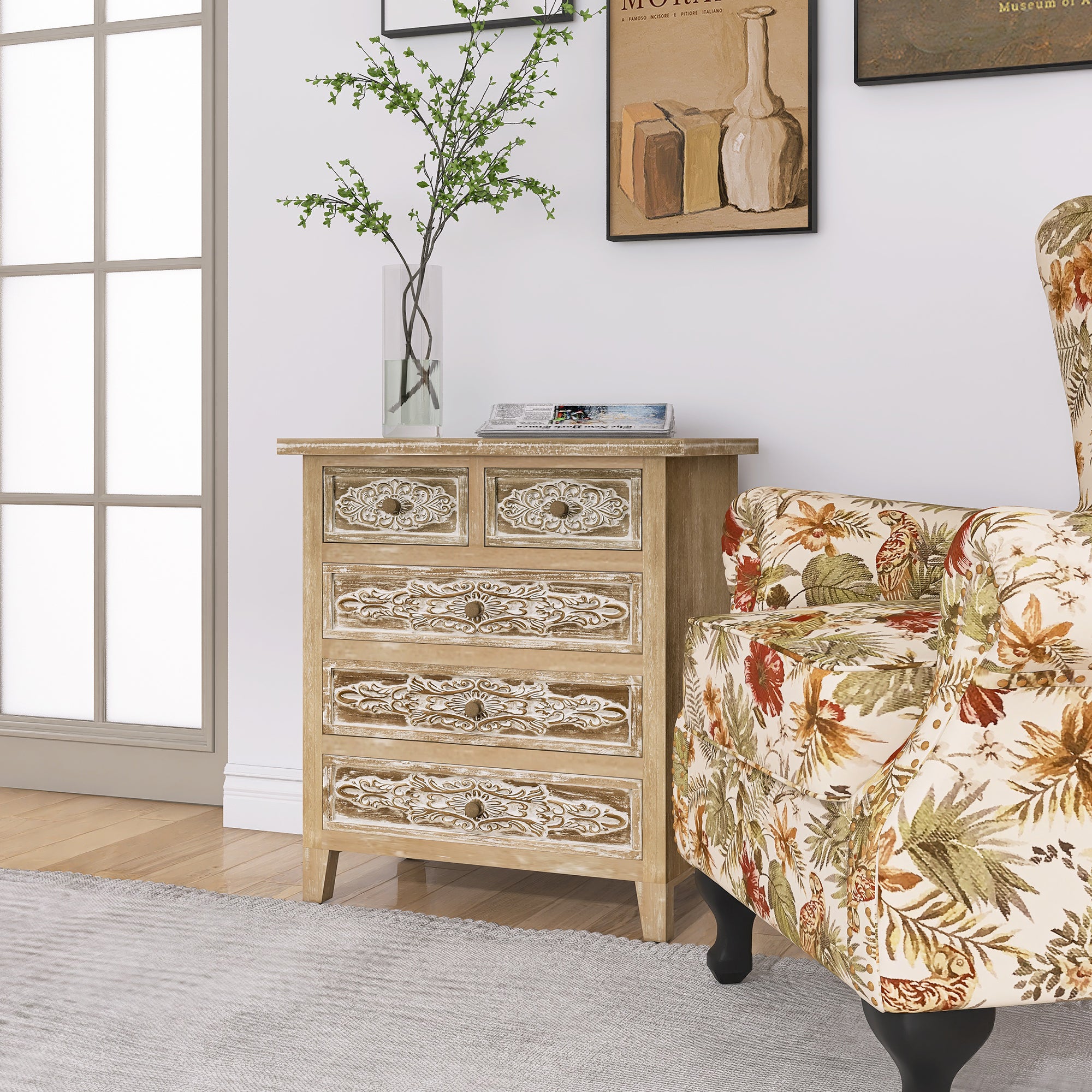 30.5" Tall Wood 5-Drawers Accent Cabinet in Antique Brown