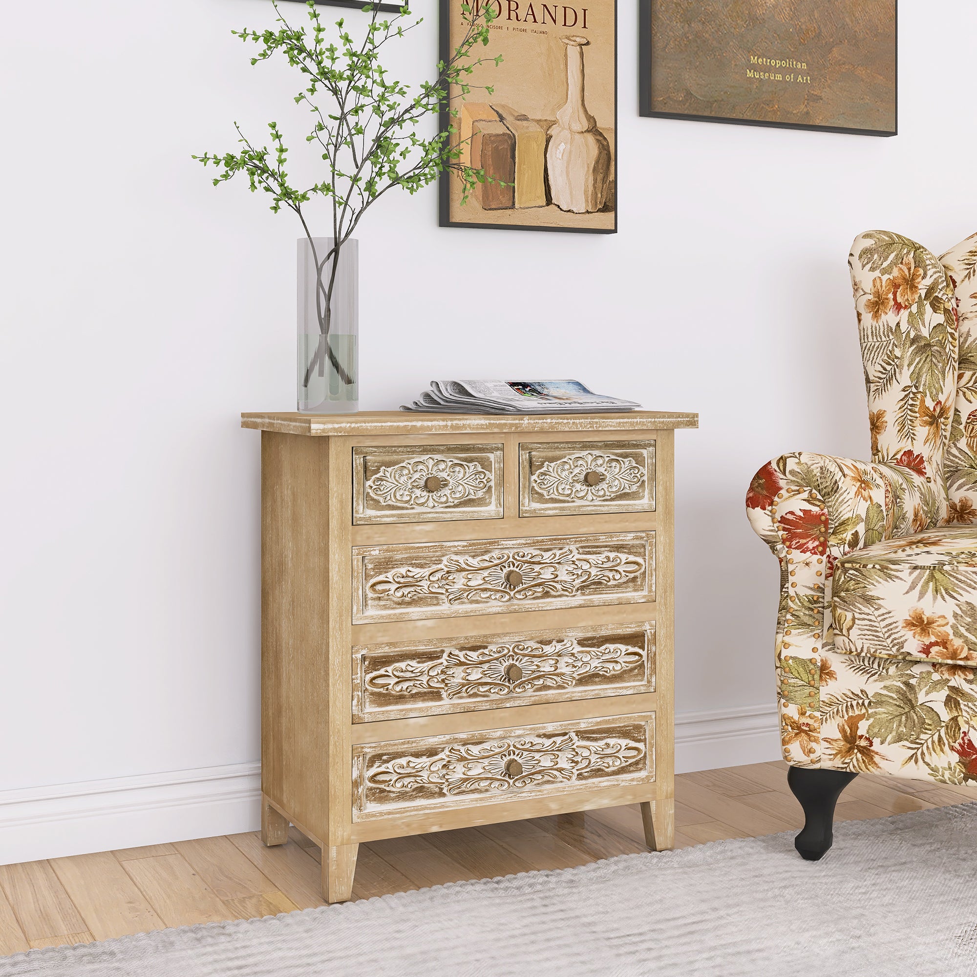 30.5" Tall Wood 5-Drawers Accent Cabinet in Antique Brown