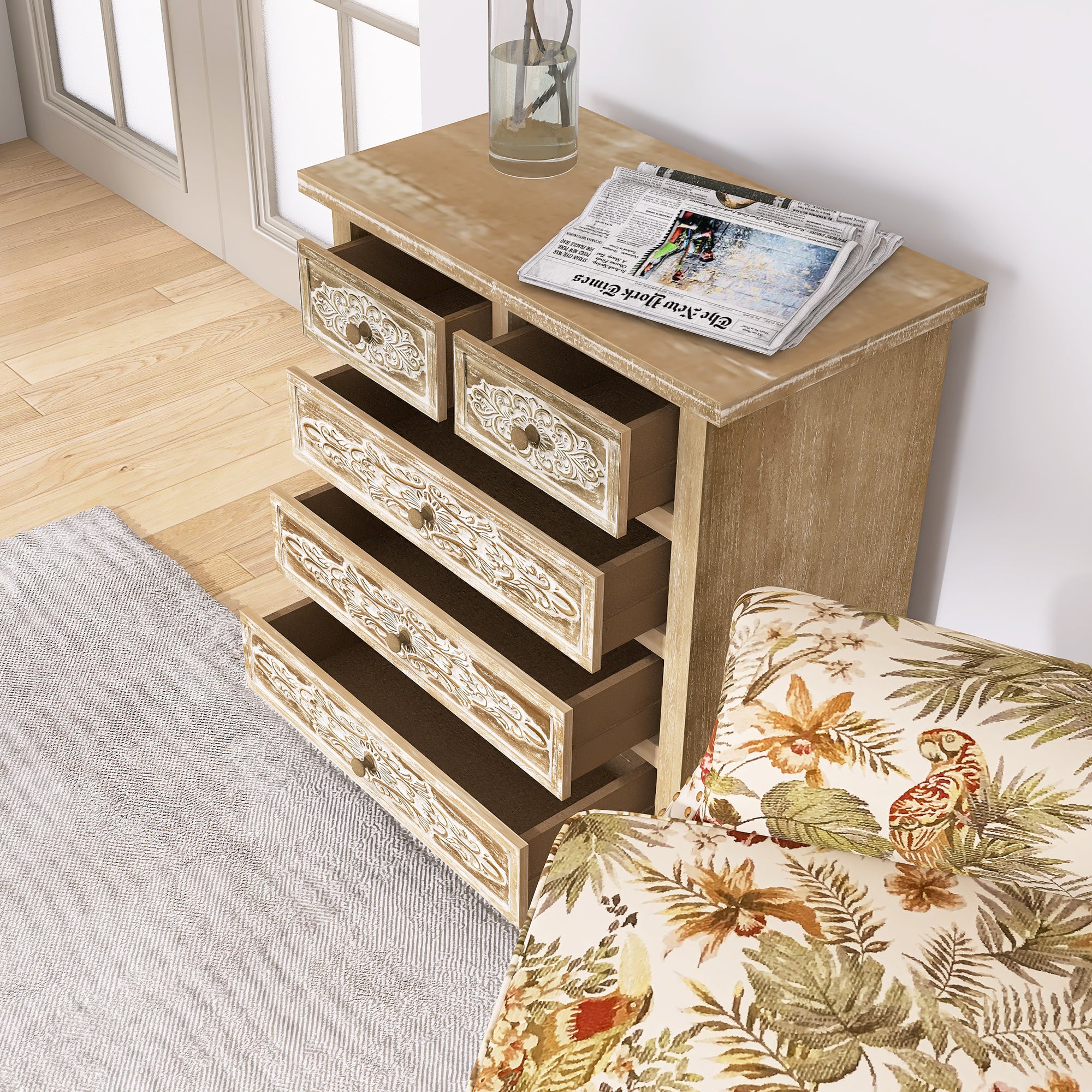 30.5" Tall Wood 5-Drawers Accent Cabinet in Antique Brown