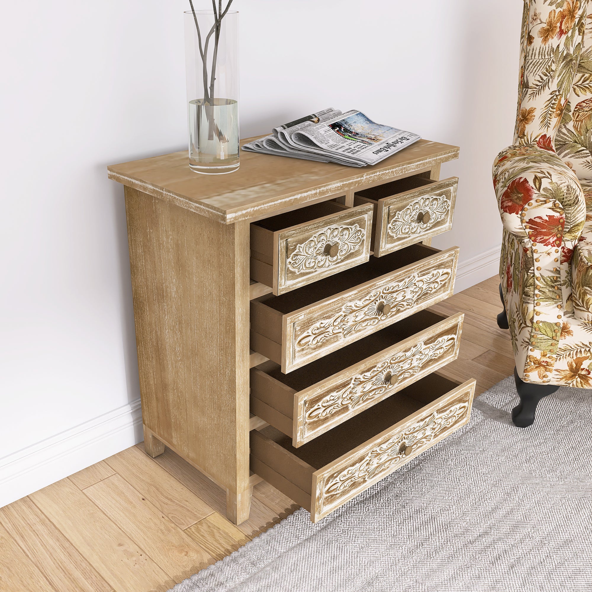 30.5" Tall Wood 5-Drawers Accent Cabinet in Antique Brown