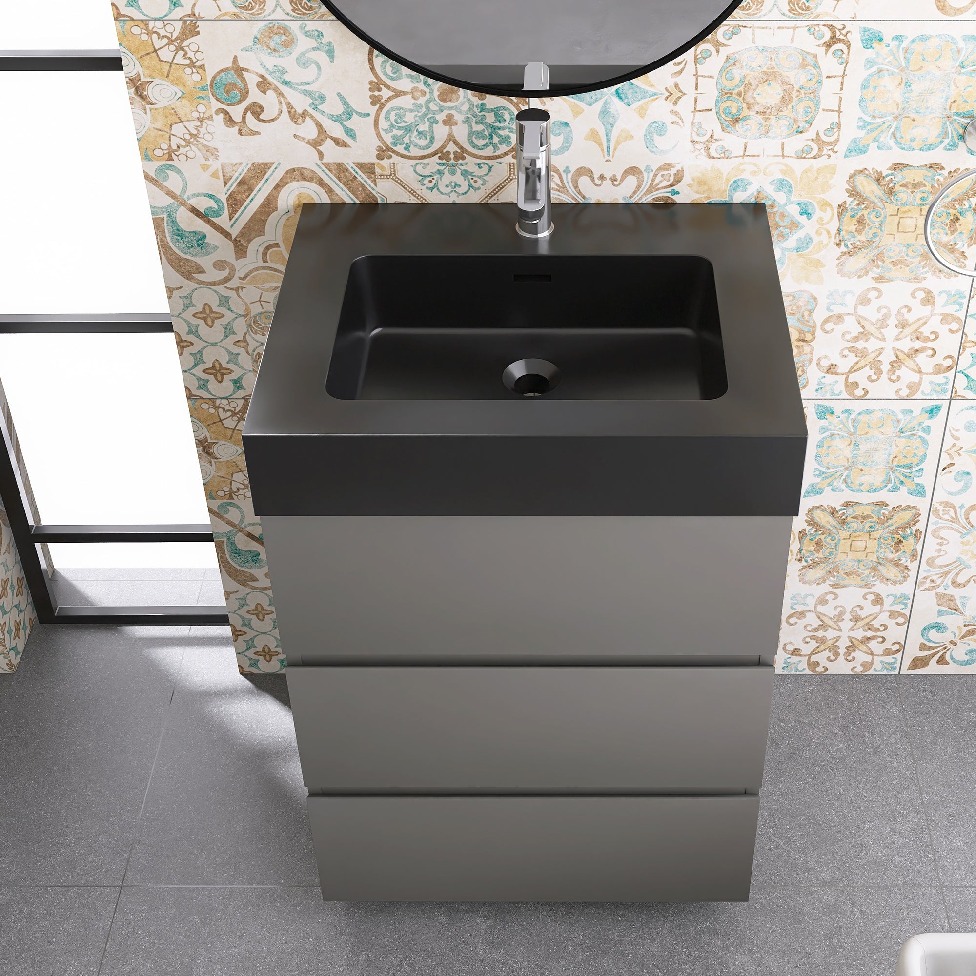 24"/30"/36" Freestanding Bathroom Vanity Set with Black Integrated Quartz Sand Sink