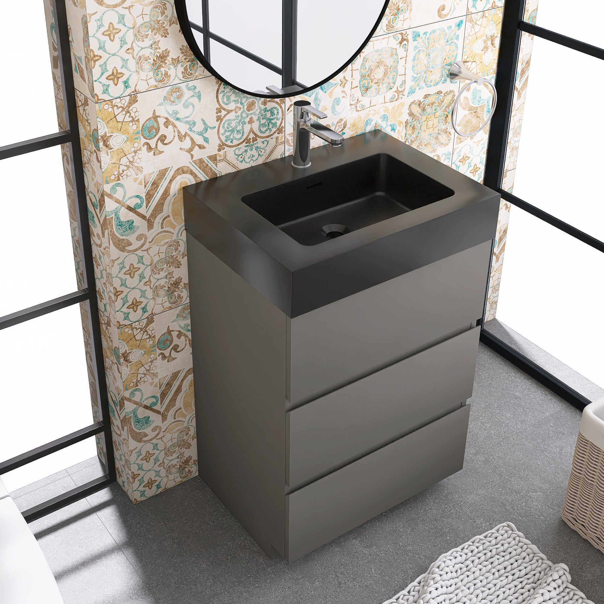 24"/30"/36" Freestanding Bathroom Vanity Set with Black Integrated Quartz Sand Sink