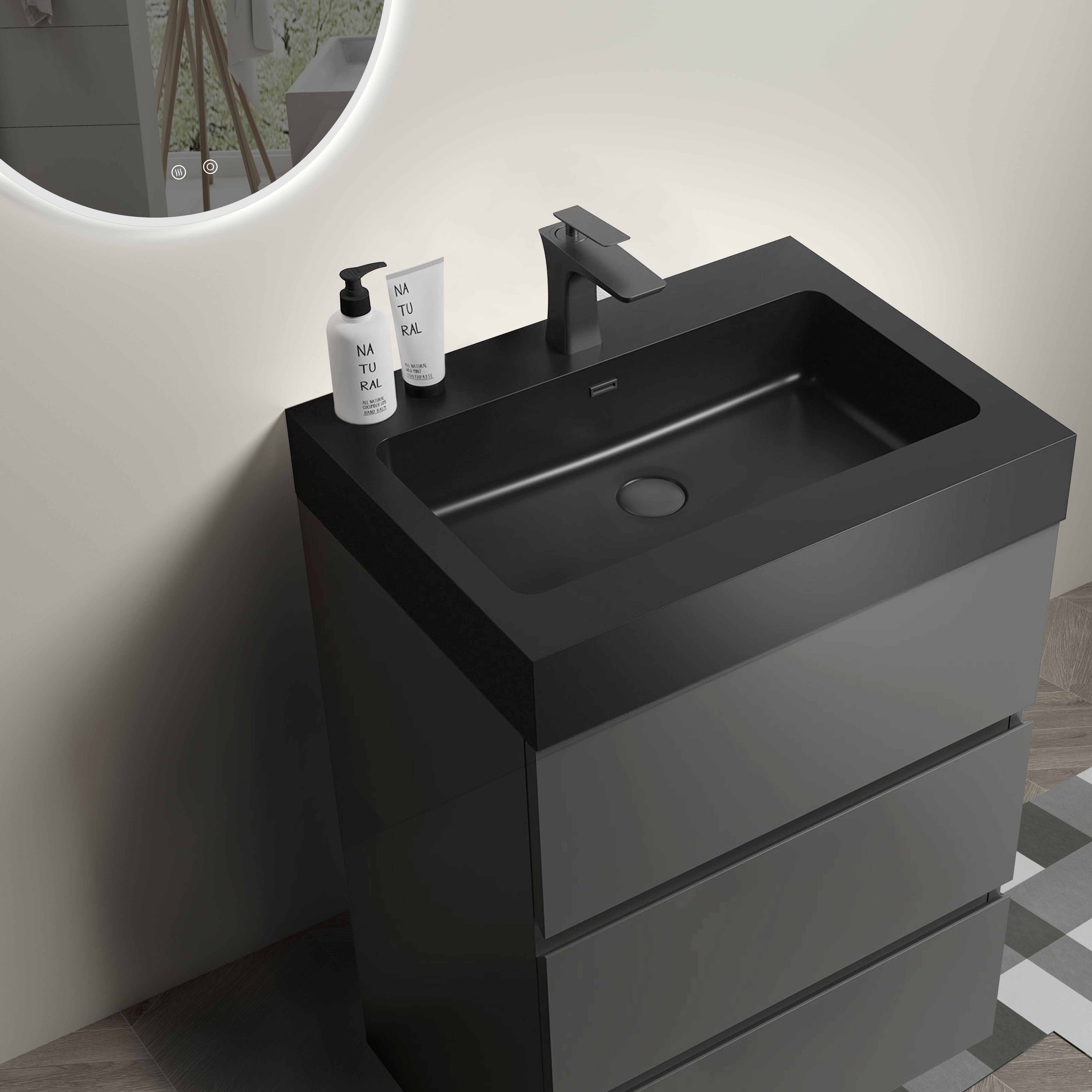 24"/30"/36" Freestanding Bathroom Vanity Set with Black Integrated Quartz Sand Sink