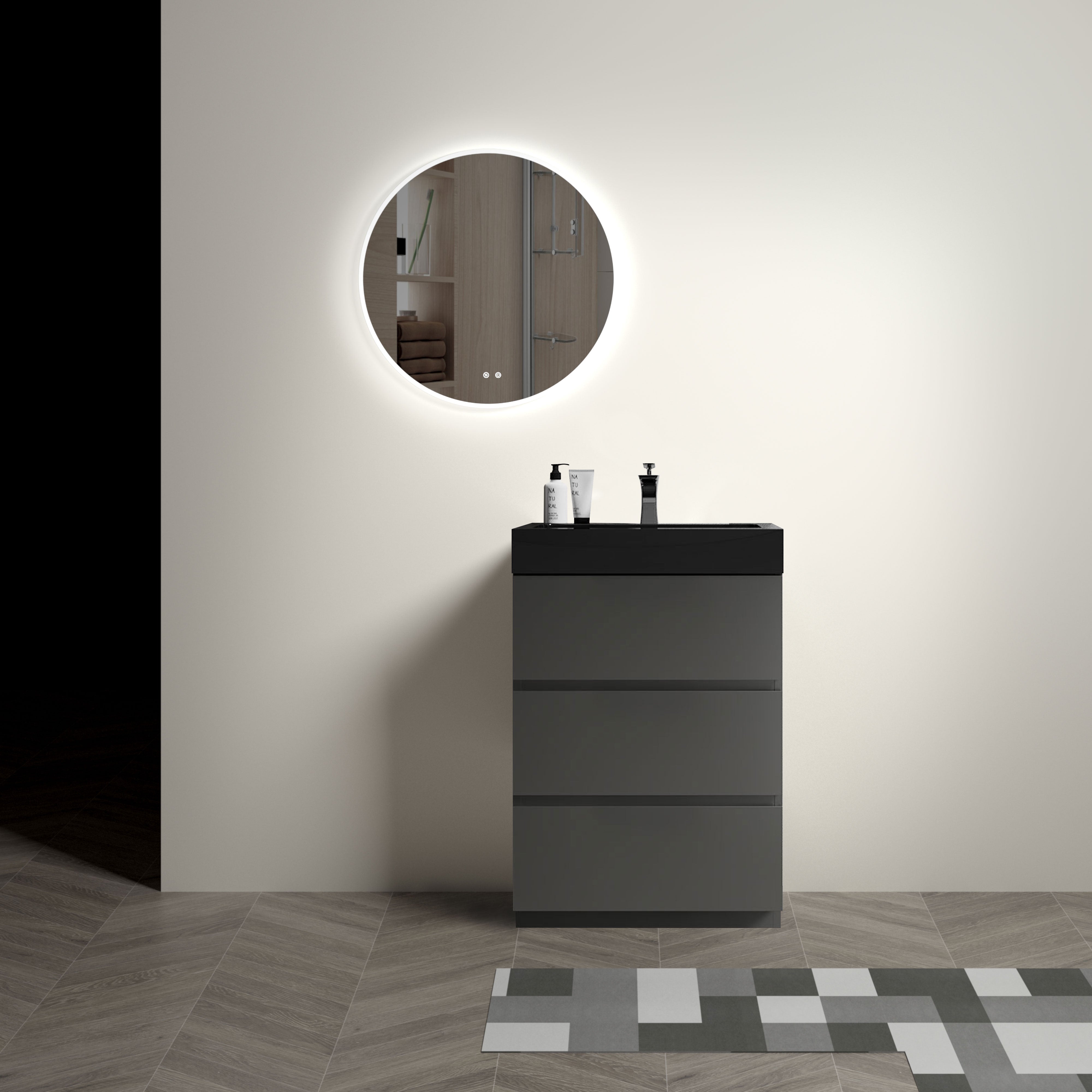 24"/30"/36" Freestanding Bathroom Vanity Set with Black Integrated Quartz Sand Sink