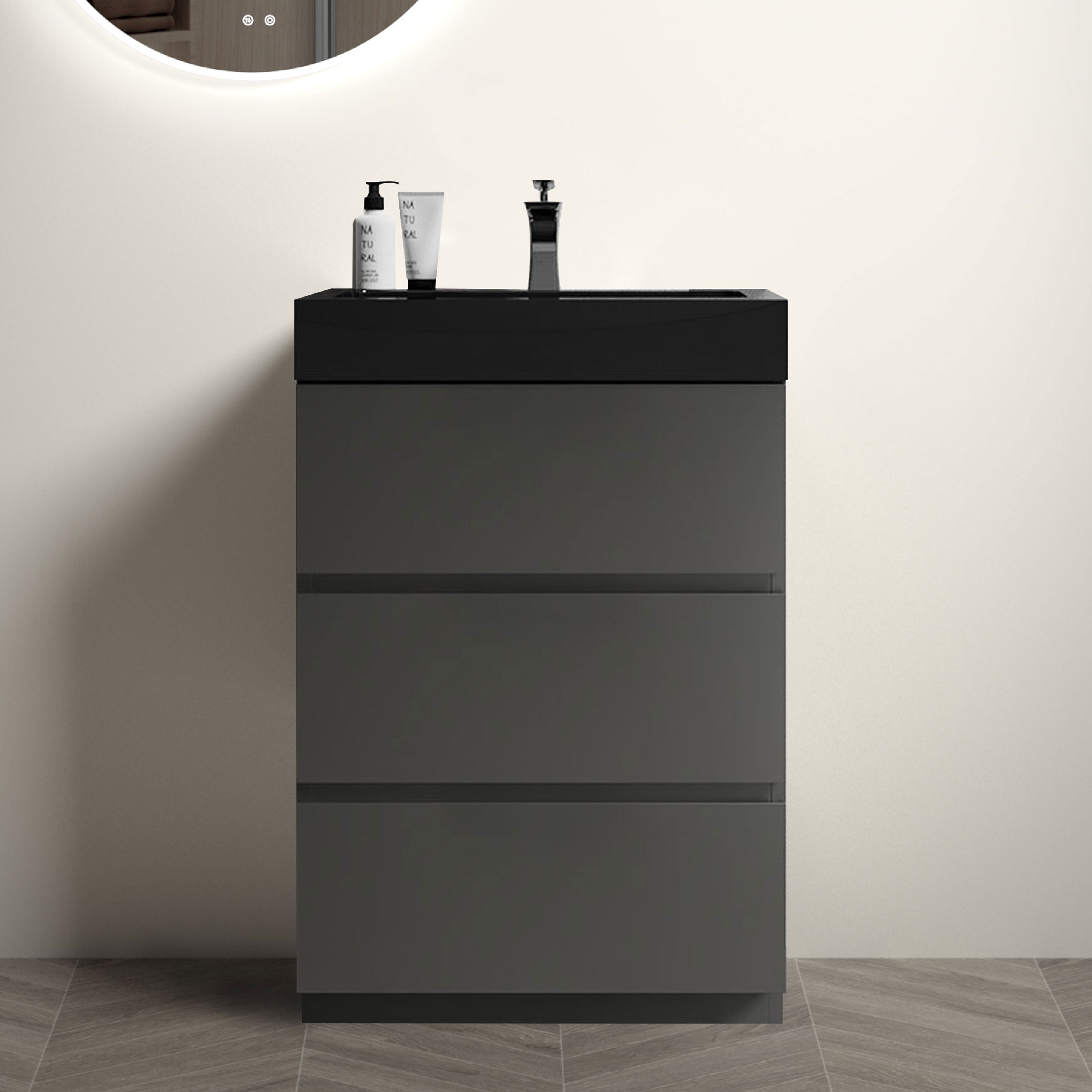 24"/30"/36" Freestanding Bathroom Vanity Set with Black Integrated Quartz Sand Sink