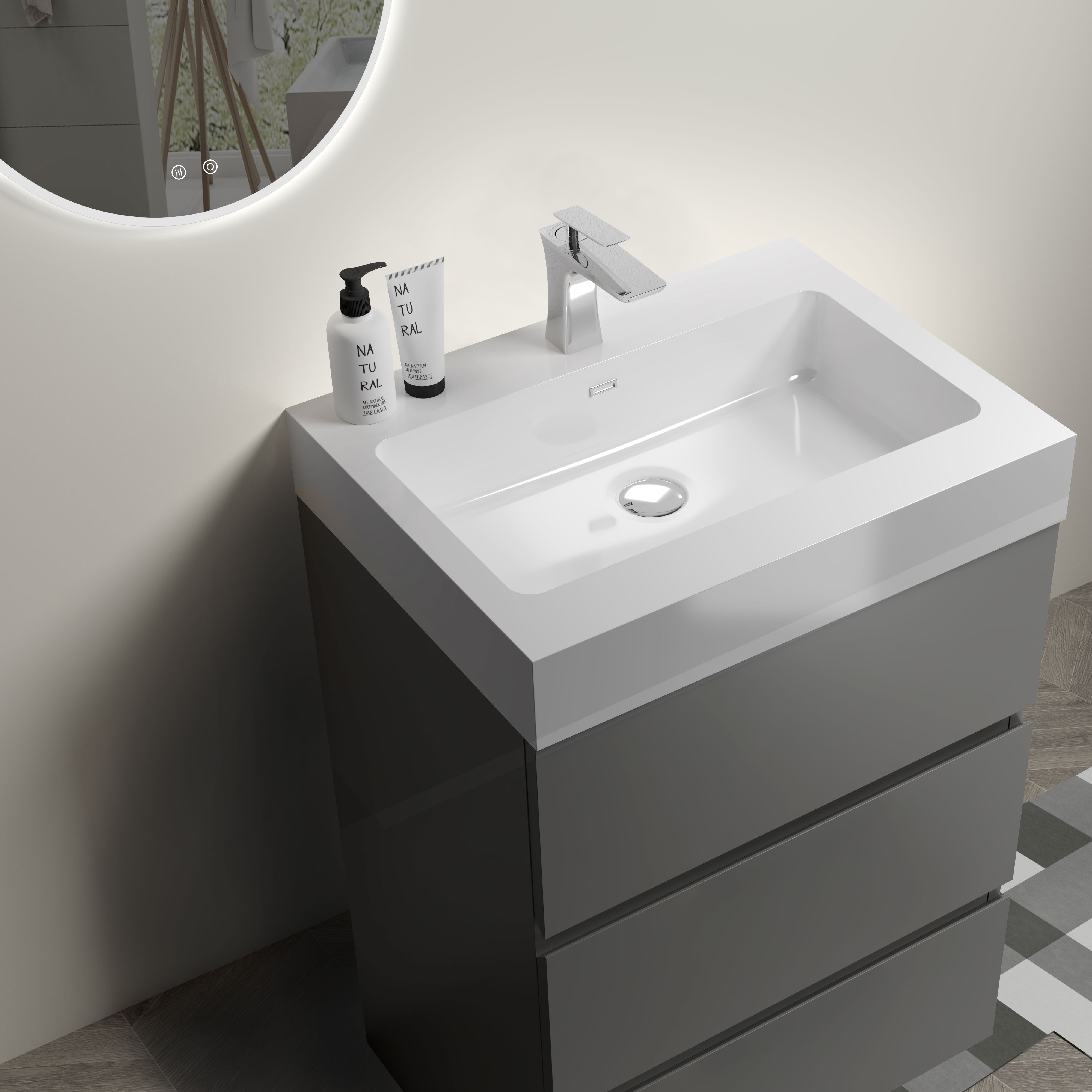 Wood Freestanding Bathroom Vanity Set with White Integrated Resin Sink