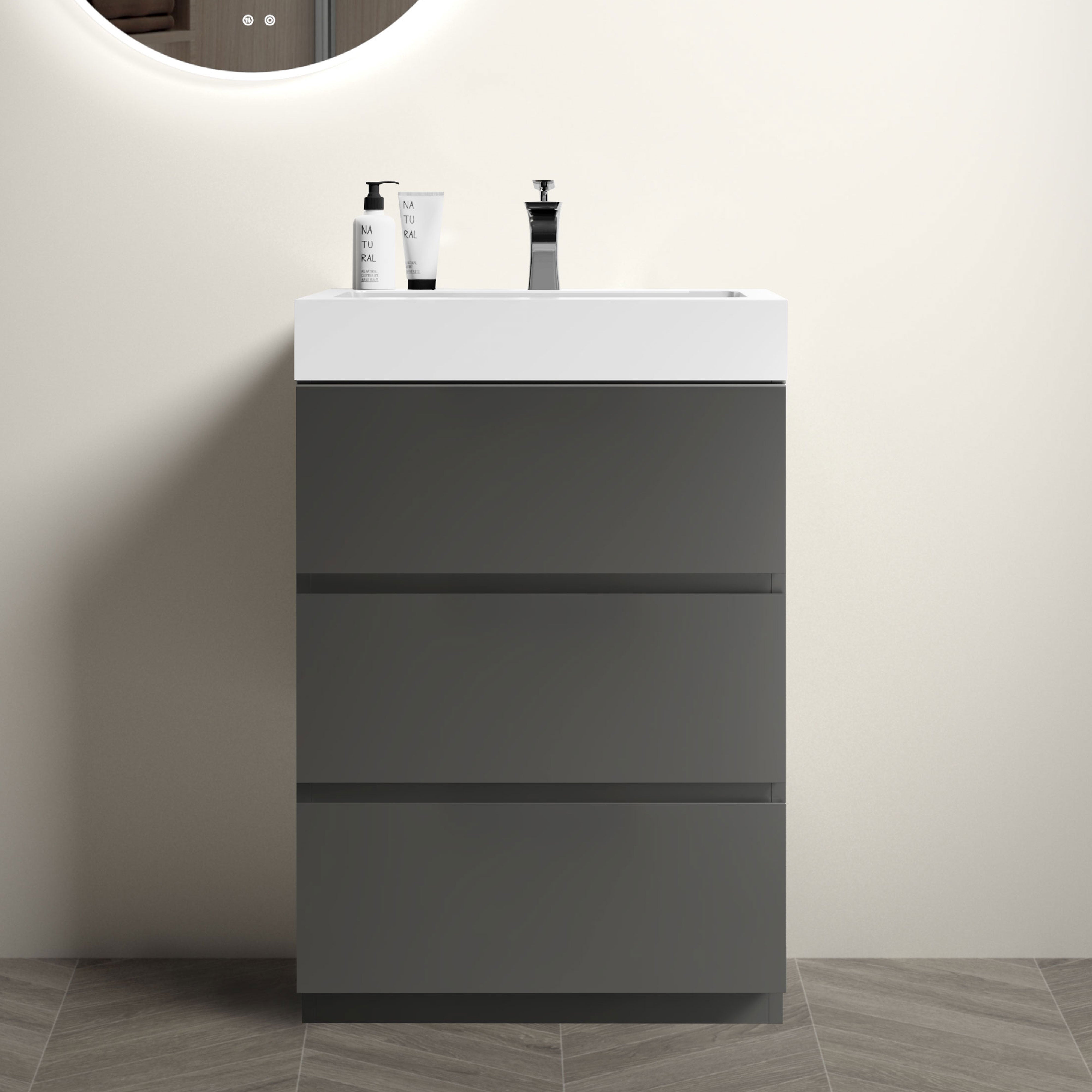 Wood Freestanding Bathroom Vanity Set with White Integrated Resin Sink