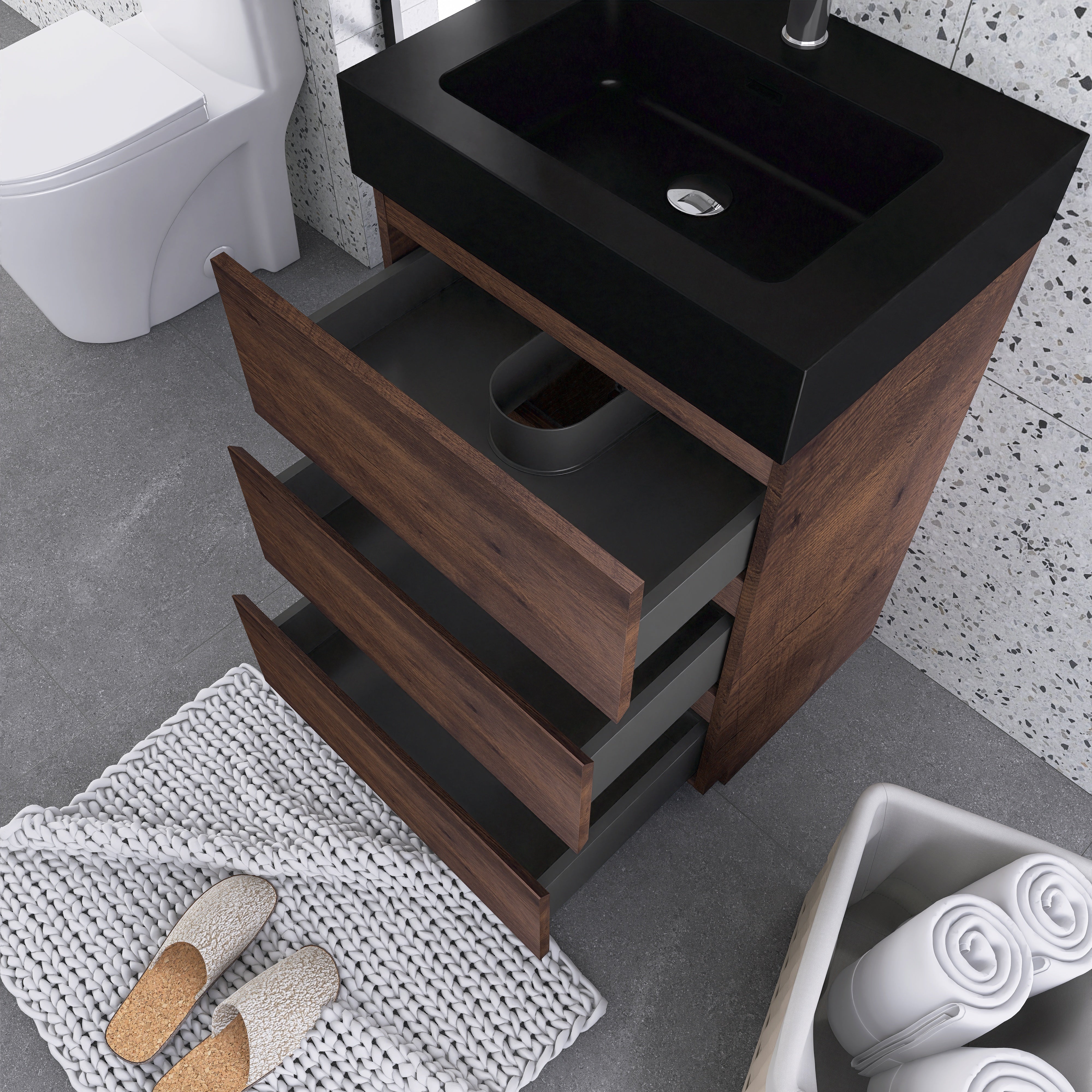 24"/30"/36" Freestanding Bathroom Vanity Set with Black Integrated Quartz Sand Sink