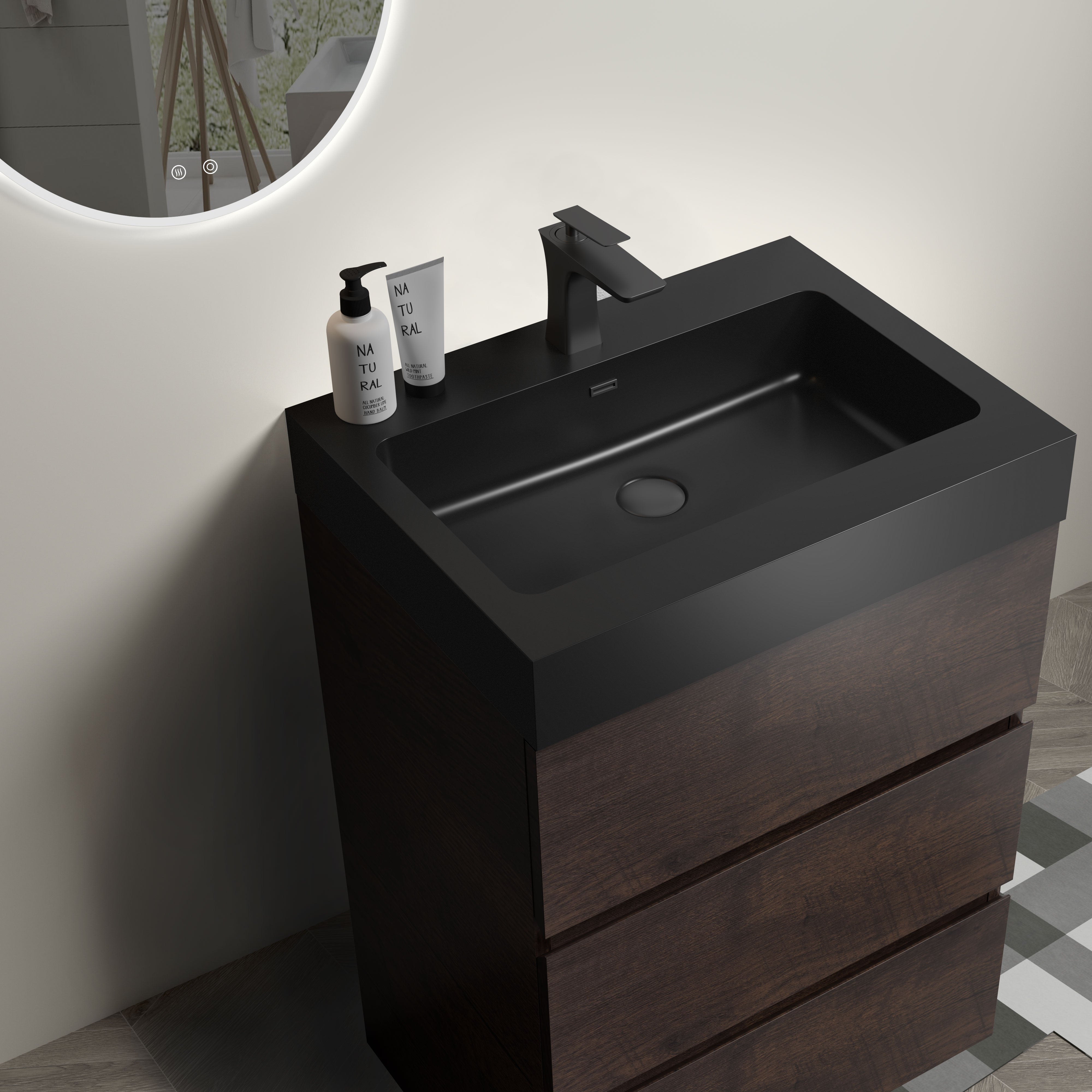 24"/30"/36" Freestanding Bathroom Vanity Set with Black Integrated Quartz Sand Sink