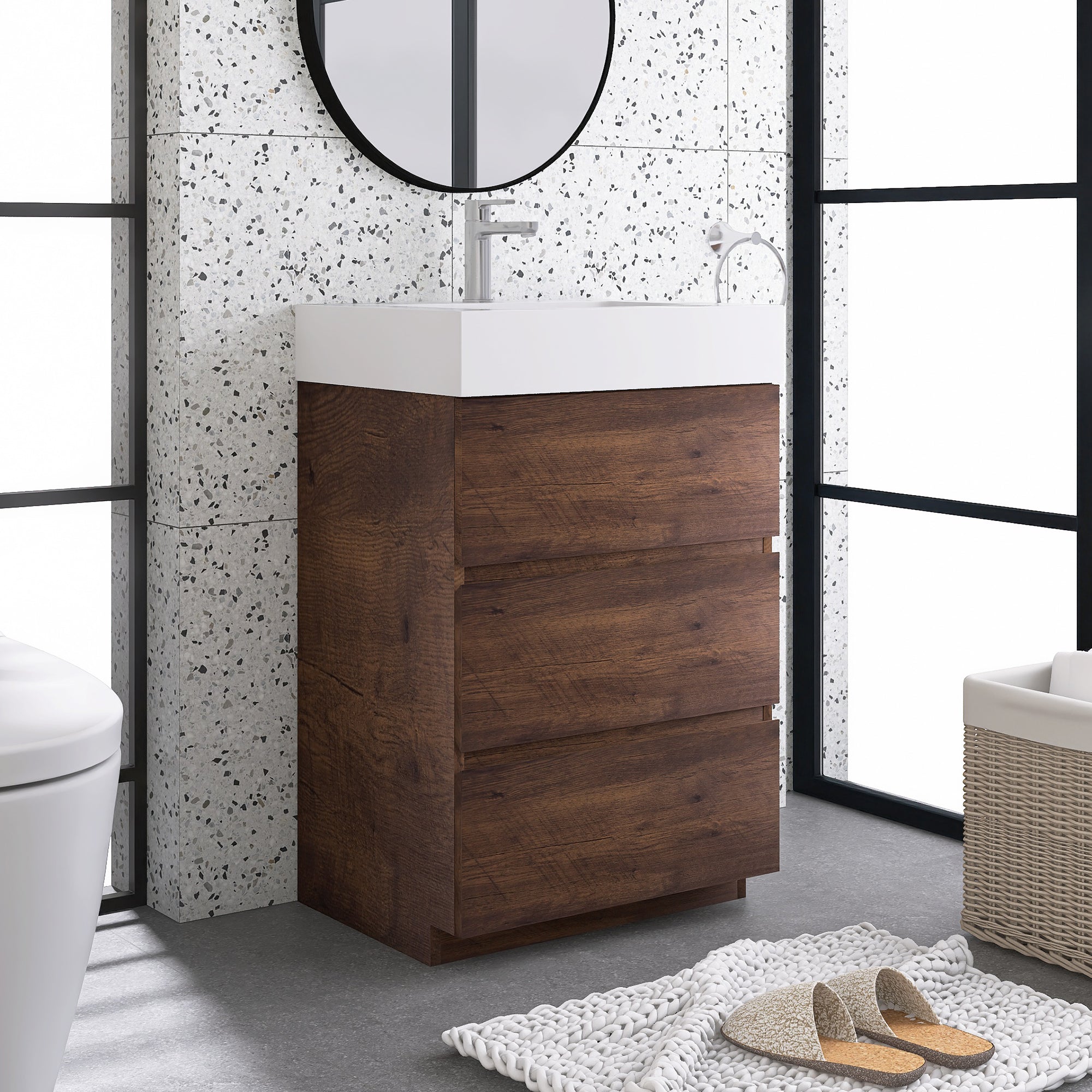 Wood Freestanding Bathroom Vanity Set with White Integrated Resin Sink