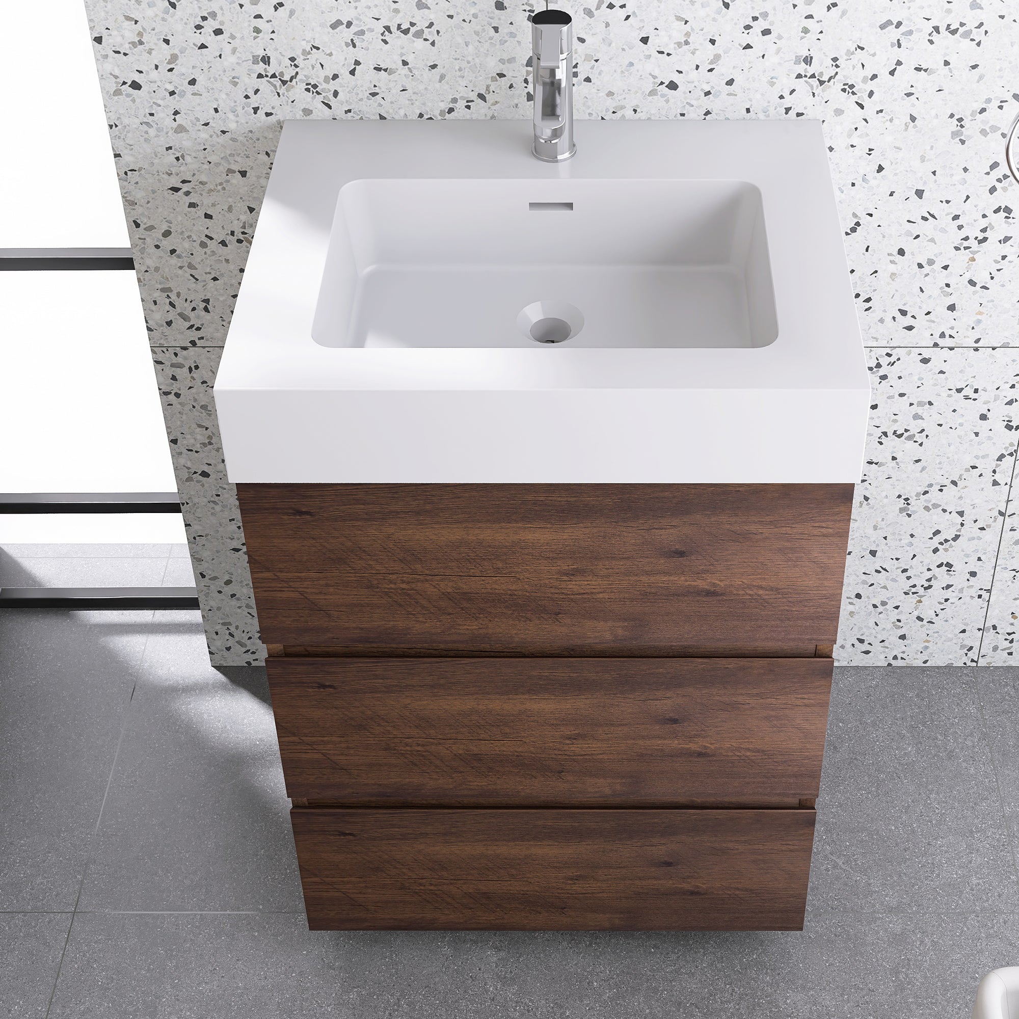 Wood Freestanding Bathroom Vanity Set with White Integrated Resin Sink