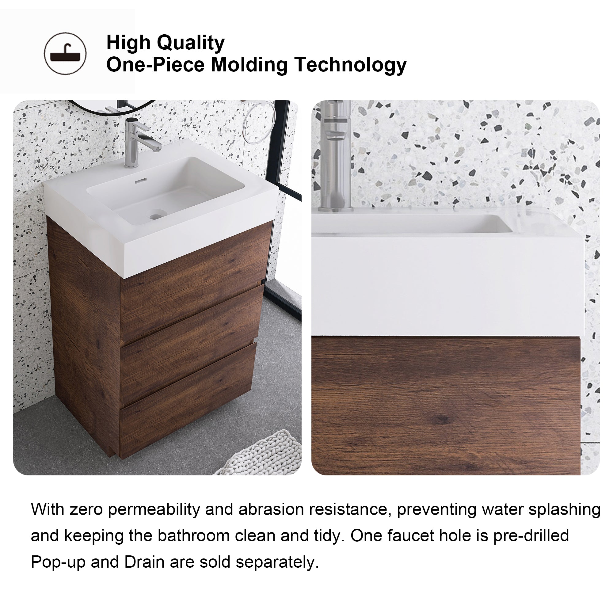 Wood Freestanding Bathroom Vanity Set with White Integrated Resin Sink