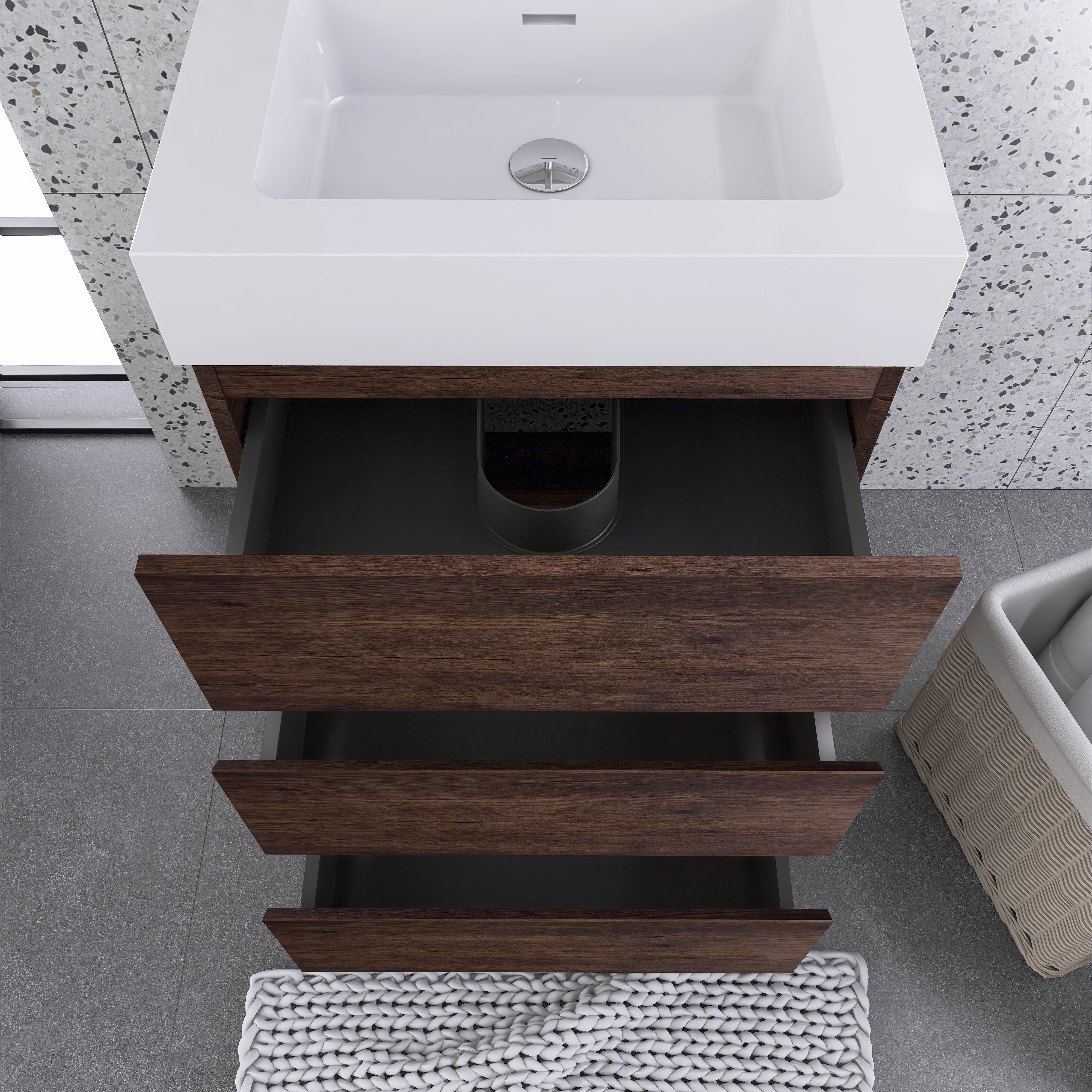 Wood Freestanding Bathroom Vanity Set with White Integrated Resin Sink