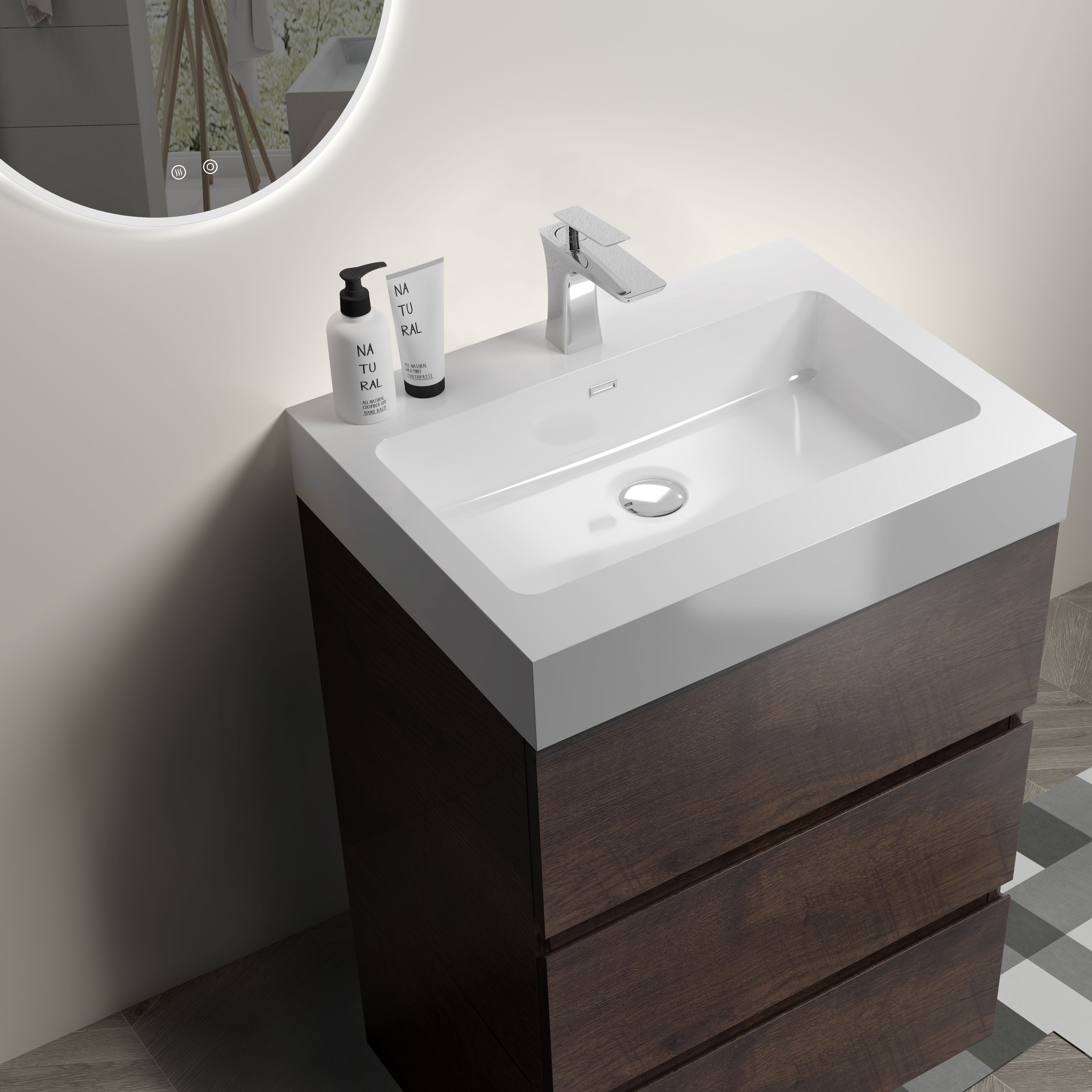 Wood Freestanding Bathroom Vanity Set with White Integrated Resin Sink