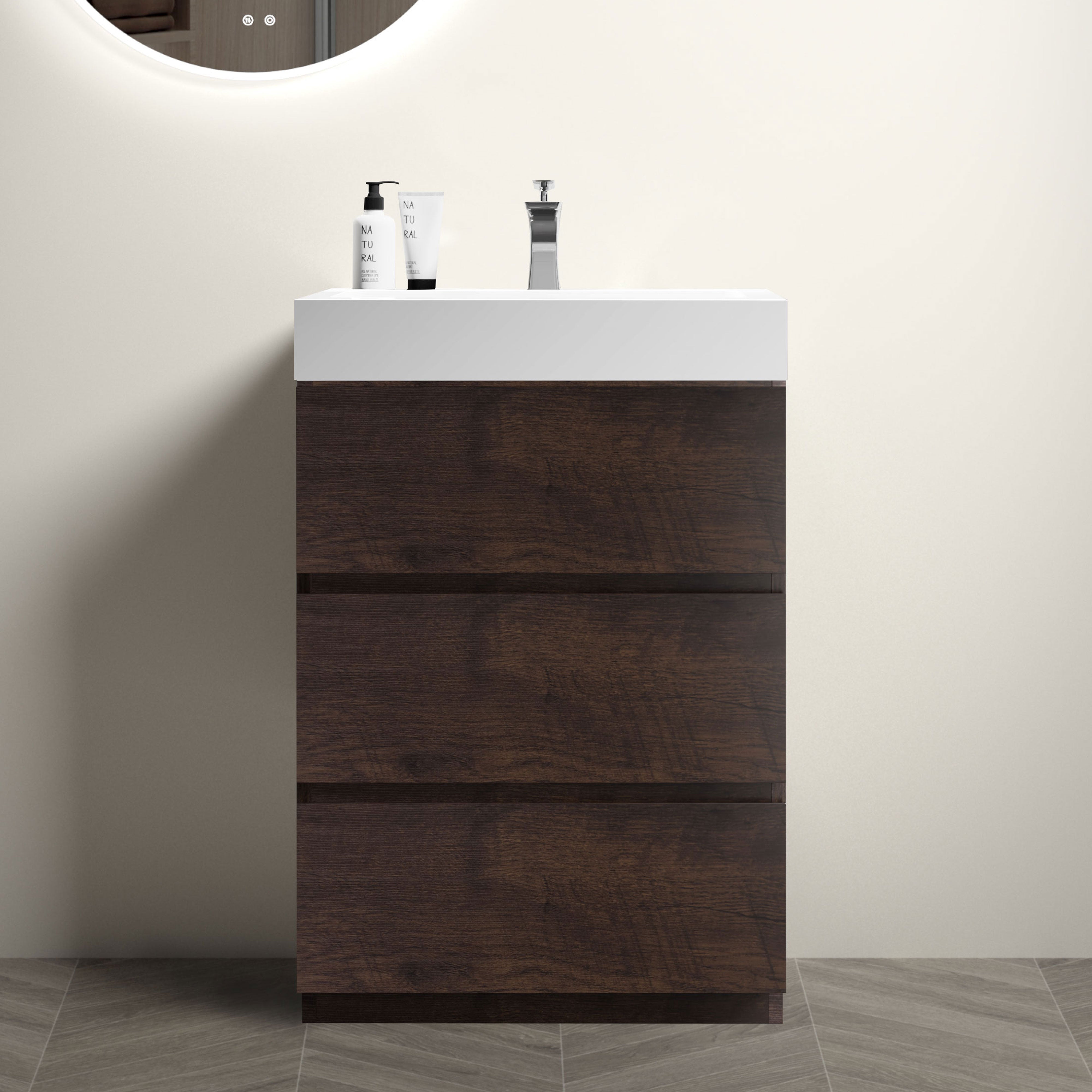 Wood Freestanding Bathroom Vanity Set with White Integrated Resin Sink