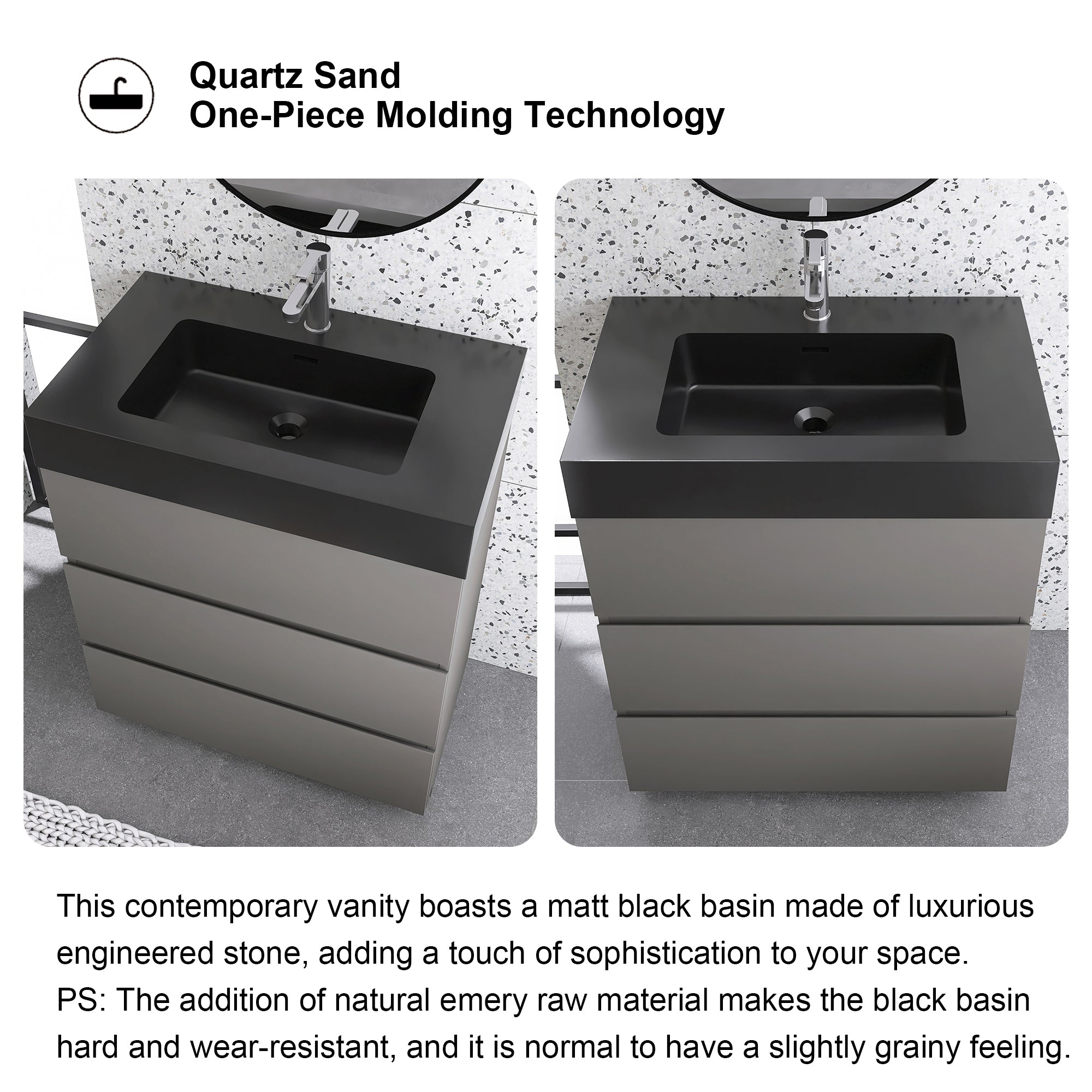 24"/30"/36" Freestanding Bathroom Vanity Set with Black Integrated Quartz Sand Sink