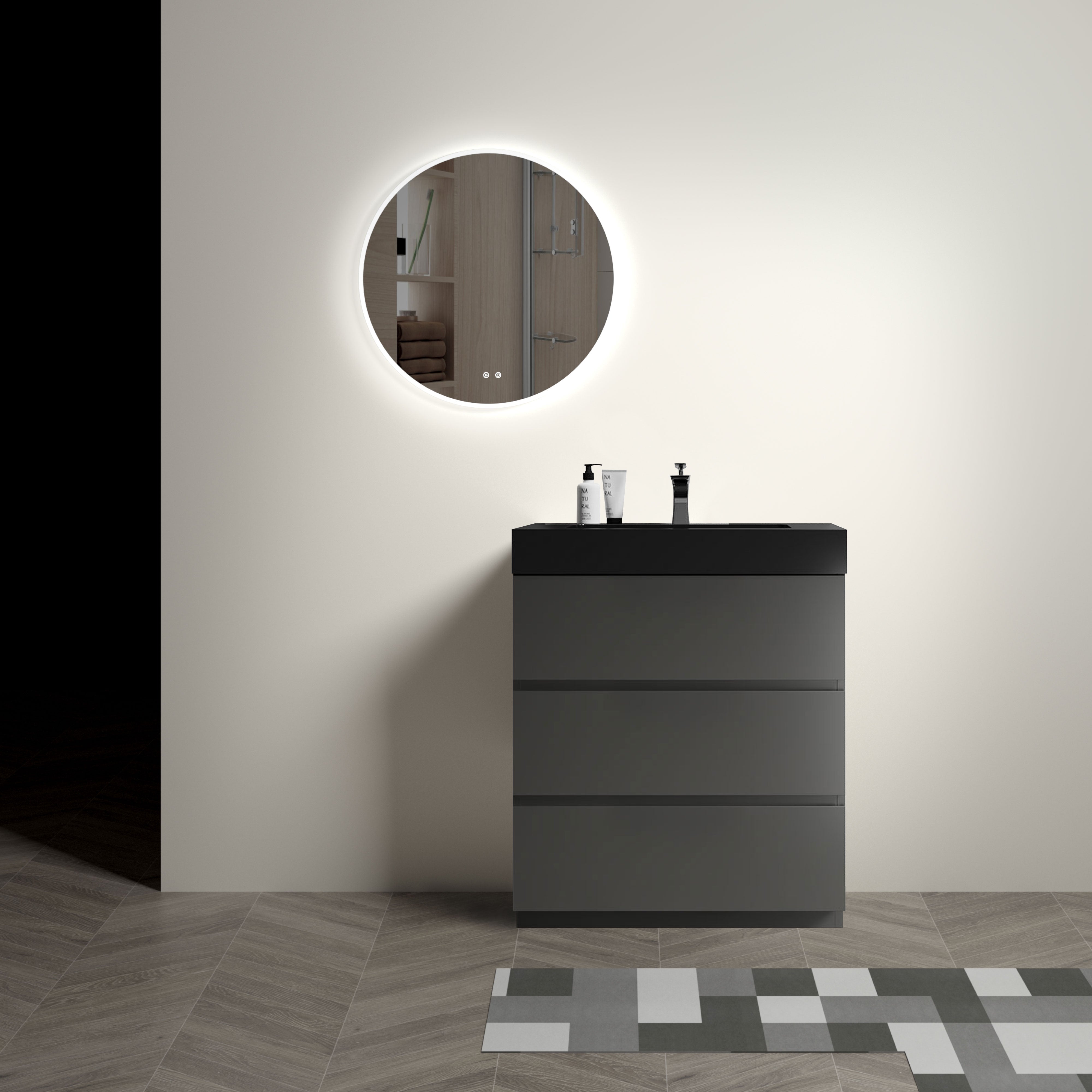 24"/30"/36" Freestanding Bathroom Vanity Set with Black Integrated Quartz Sand Sink