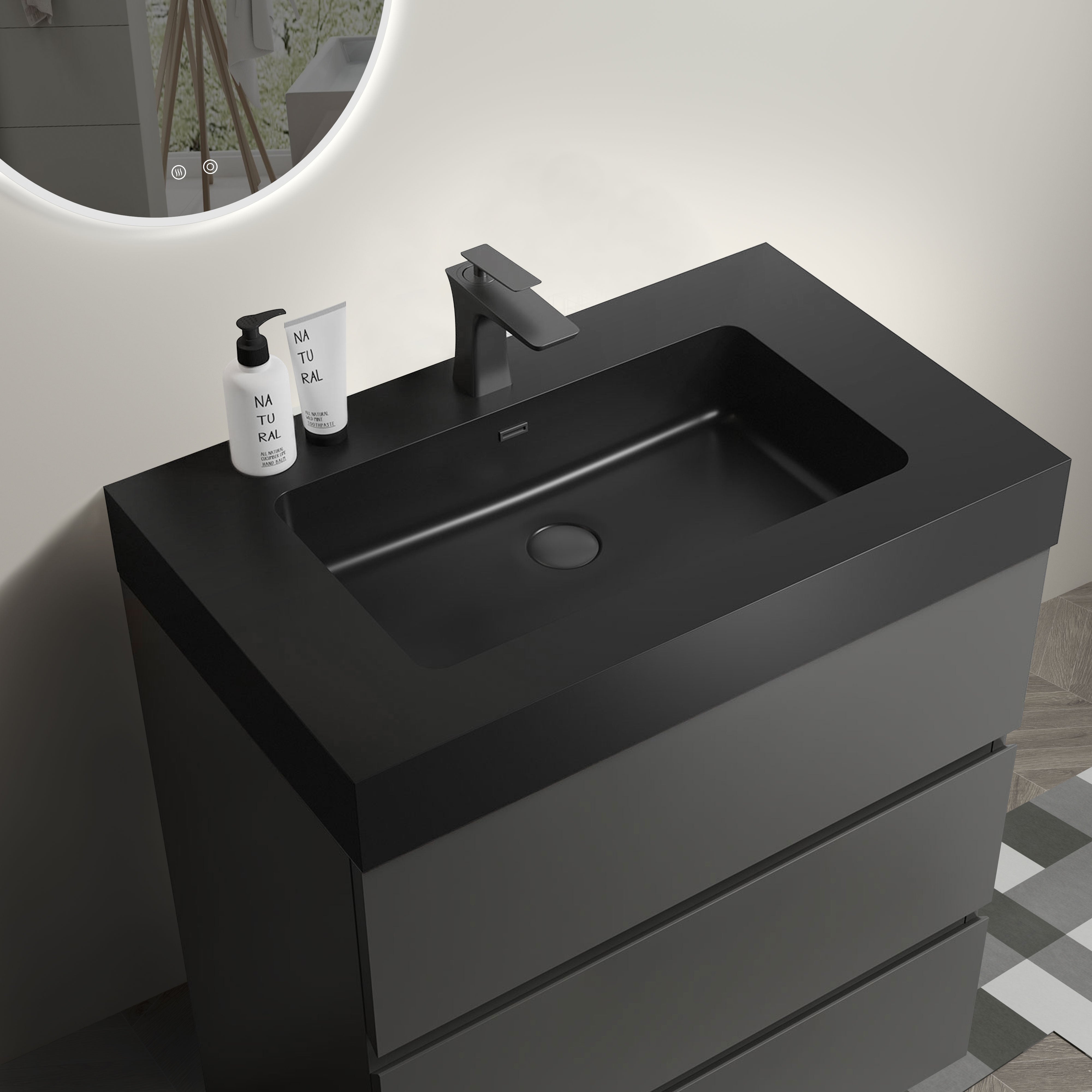 24"/30"/36" Freestanding Bathroom Vanity Set with Black Integrated Quartz Sand Sink