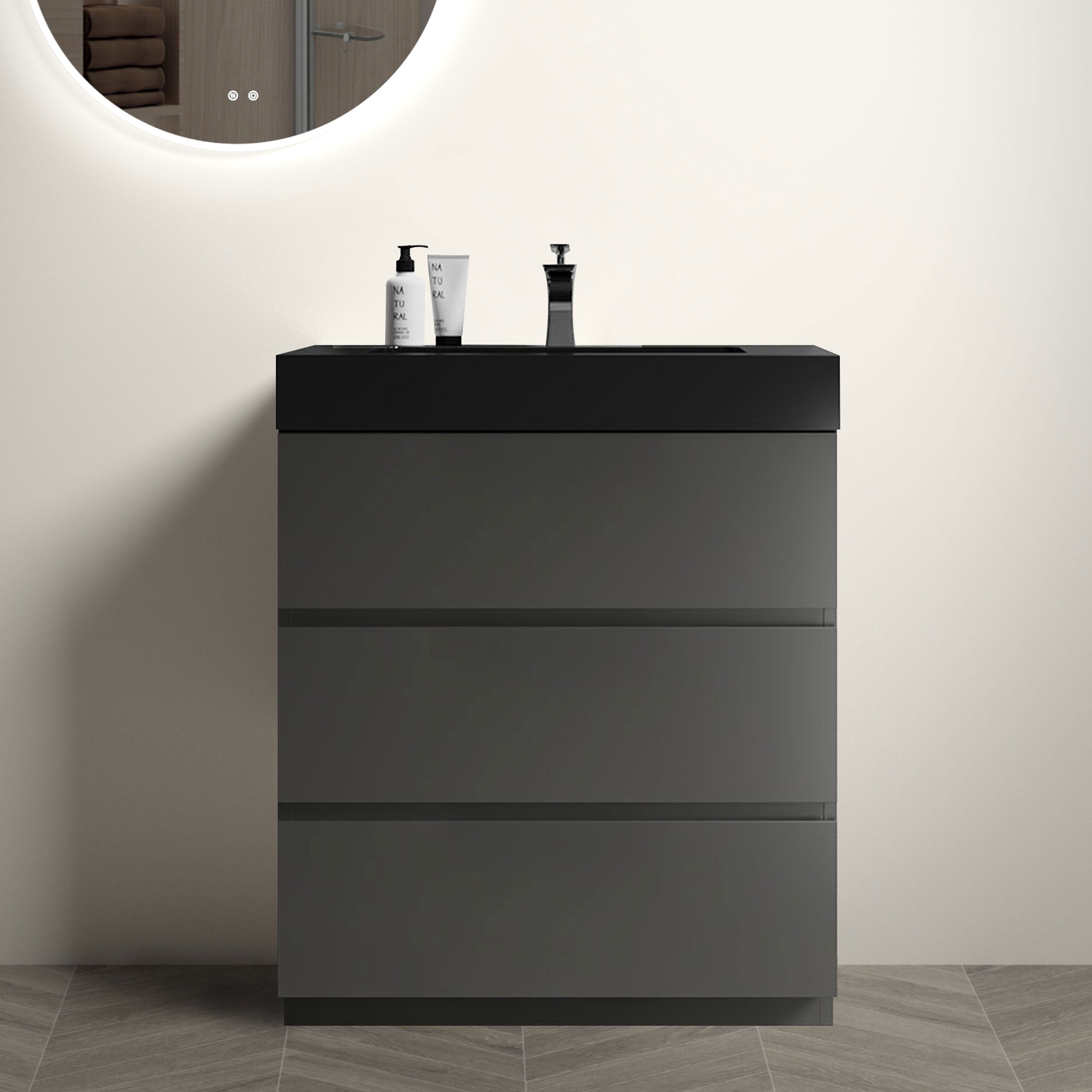 24"/30"/36" Freestanding Bathroom Vanity Set with Black Integrated Quartz Sand Sink