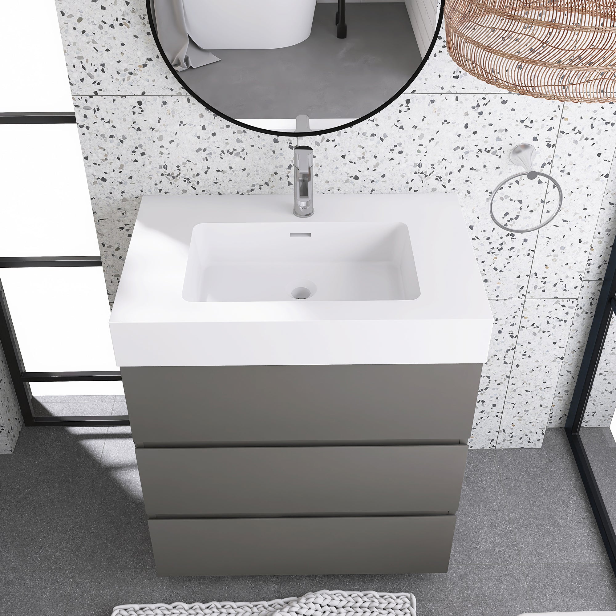 Wood Freestanding Bathroom Vanity Set with White Integrated Resin Sink