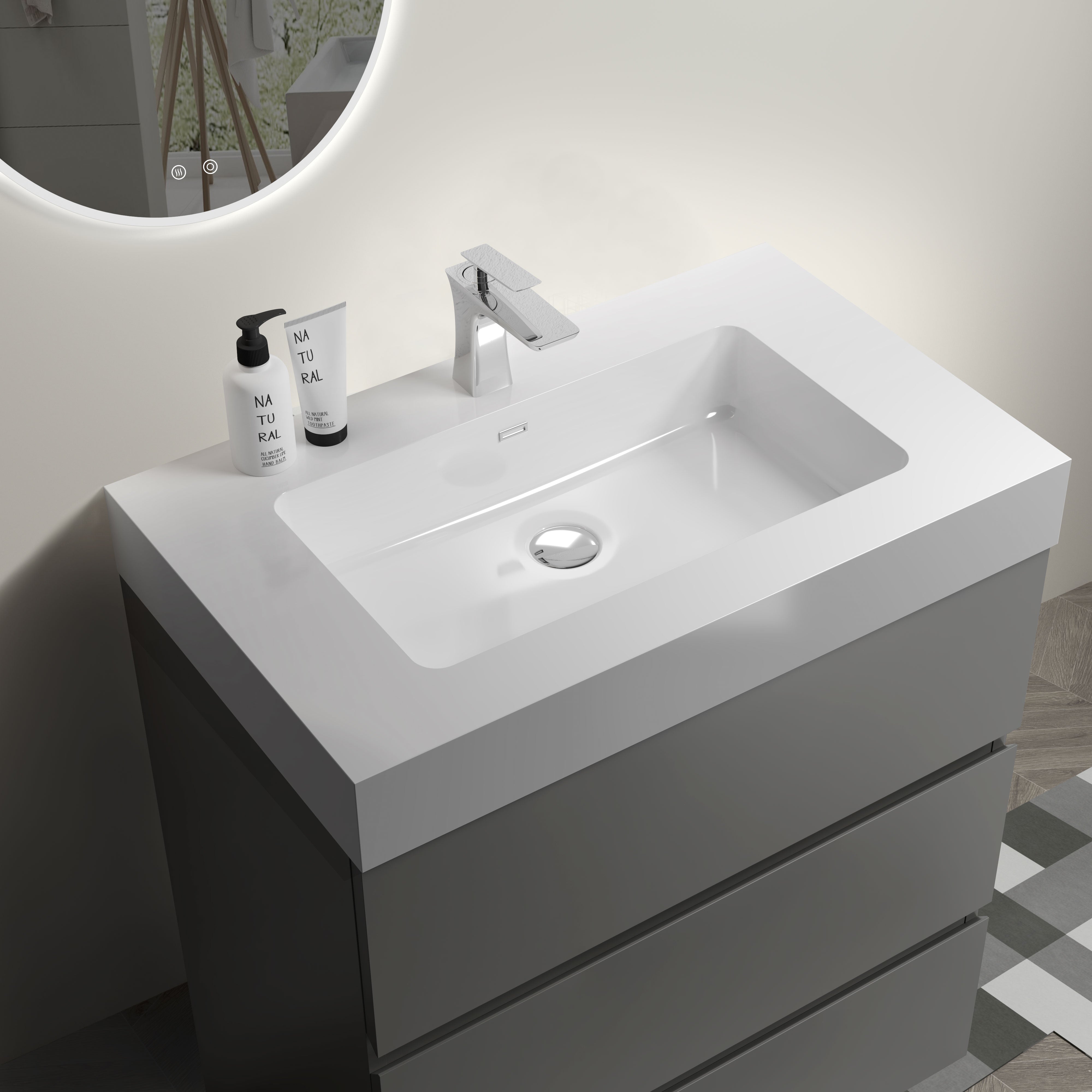 Wood Freestanding Bathroom Vanity Set with White Integrated Resin Sink