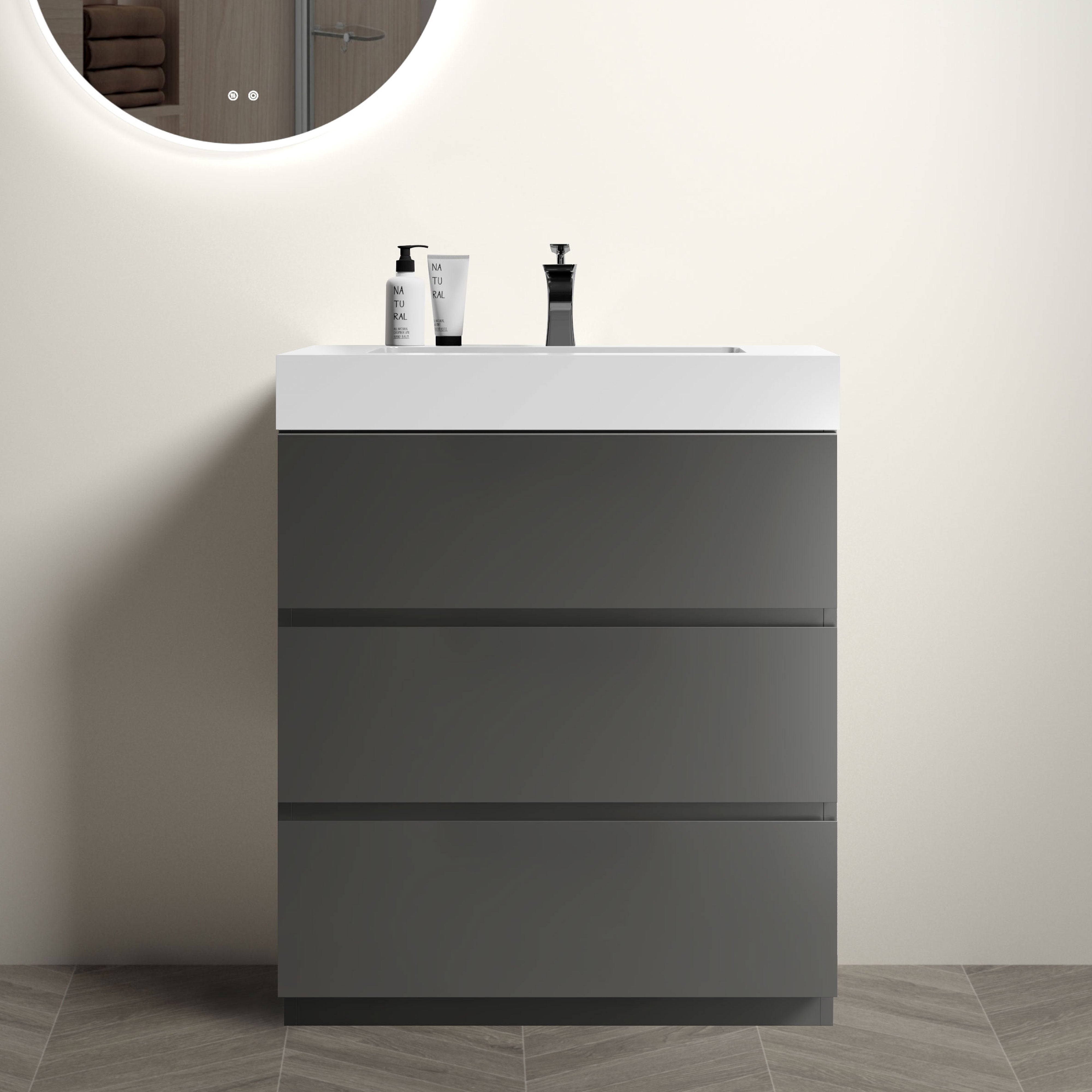 Wood Freestanding Bathroom Vanity Set with White Integrated Resin Sink