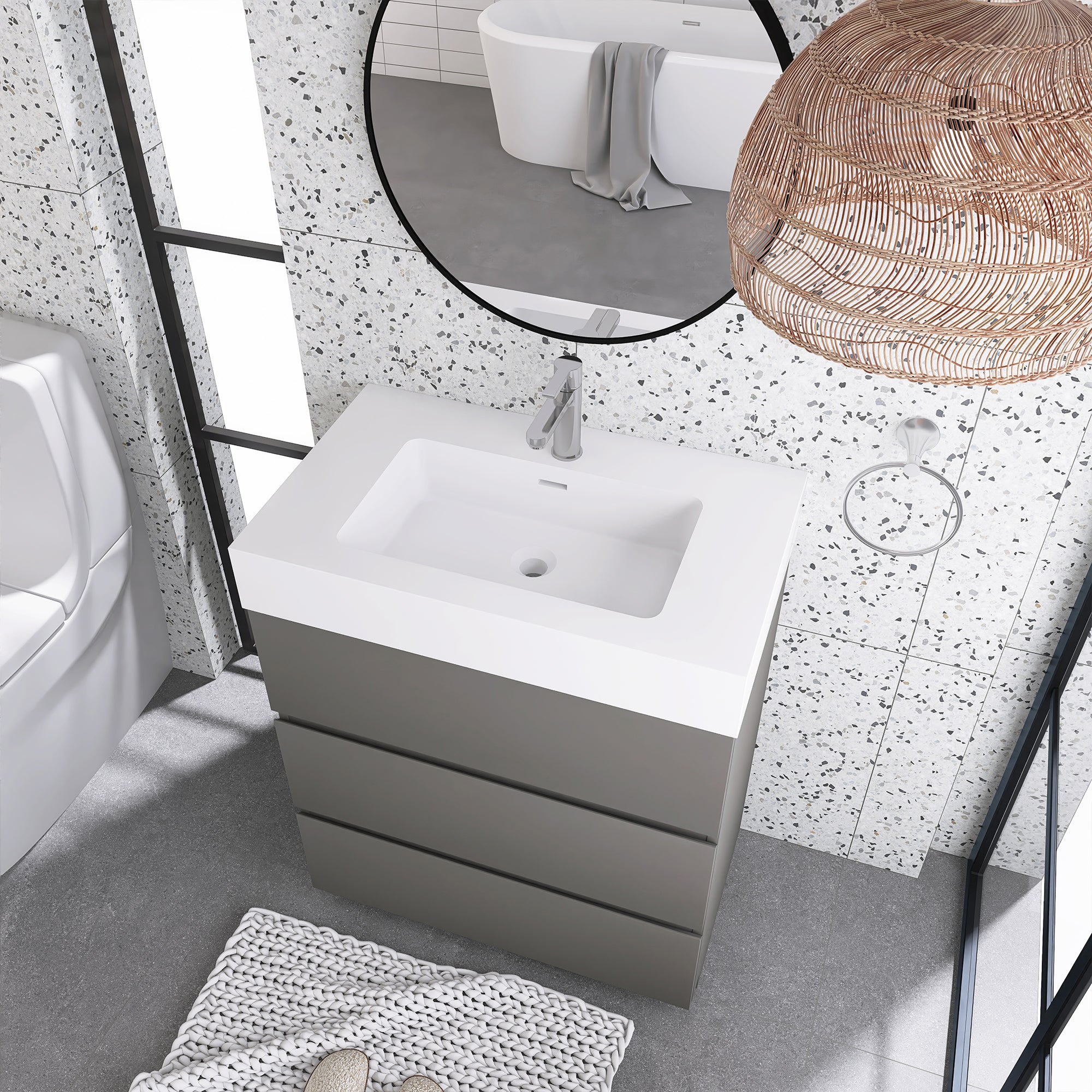 Wood Freestanding Bathroom Vanity Set with White Integrated Resin Sink