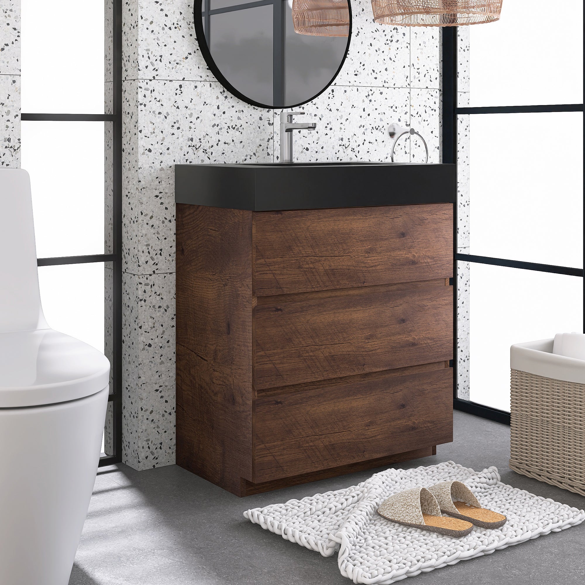 24"/30"/36" Freestanding Bathroom Vanity Set with Black Integrated Quartz Sand Sink